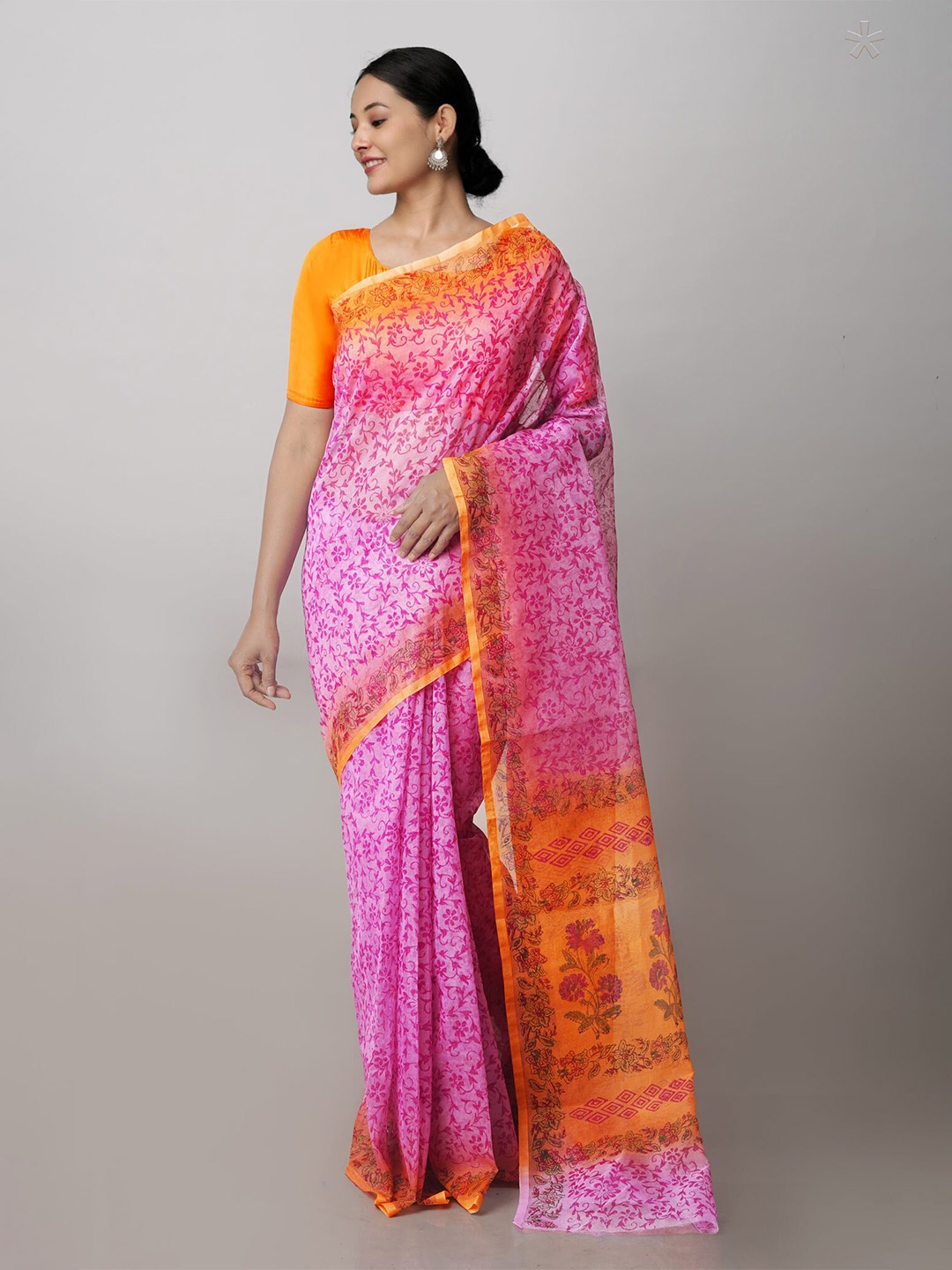 

Unnati Silks Floral Supernet Block Print Saree, Pink