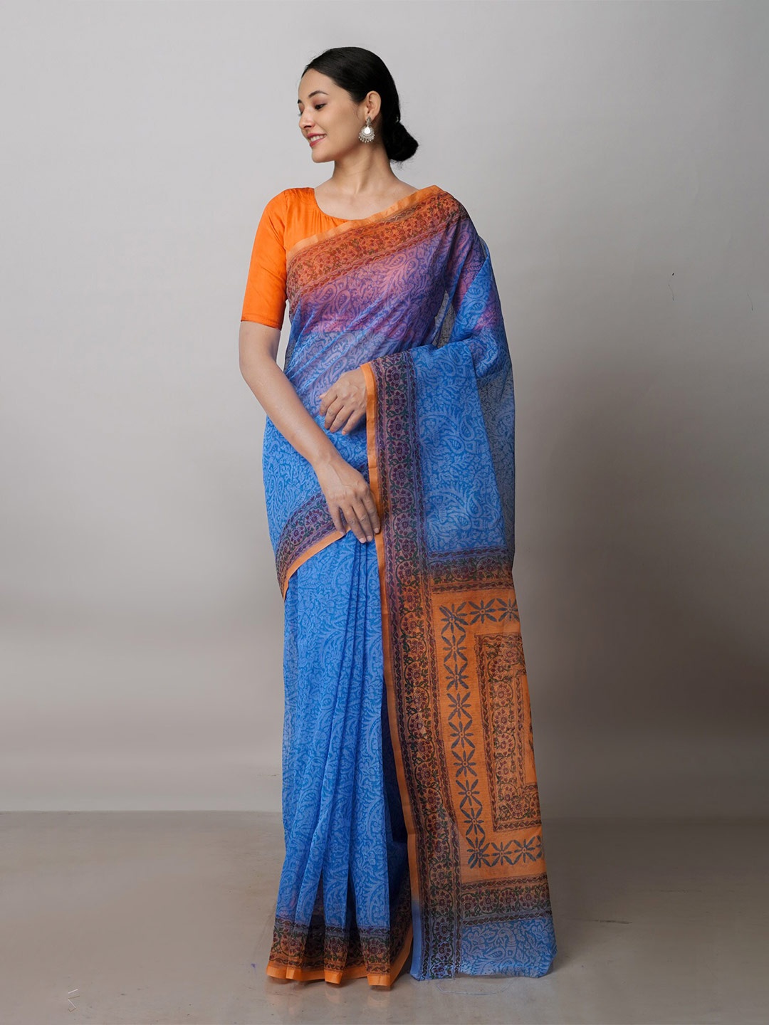 

Unnati Silks Paisley Supernet Block Print Saree, Blue