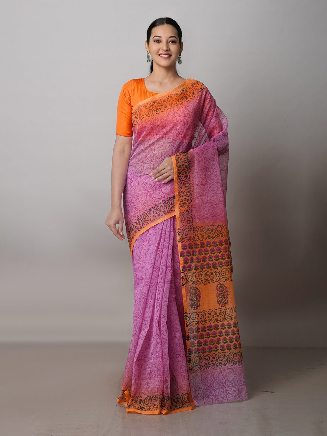 

Unnati Silks Floral Supernet Block Print Saree, Pink