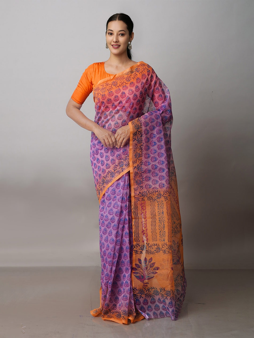 

Unnati Silks Floral Supernet Block Print Saree, Purple