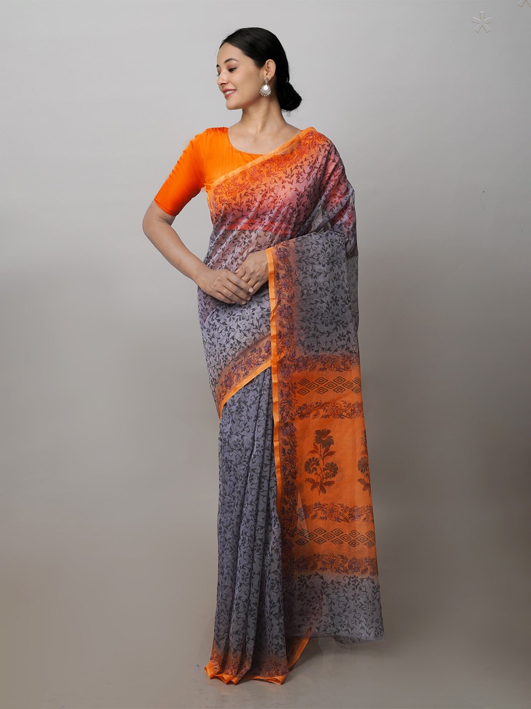 

Unnati Silks Ethnic Motif Supernet Block Print Saree With Blouse Piece, Grey