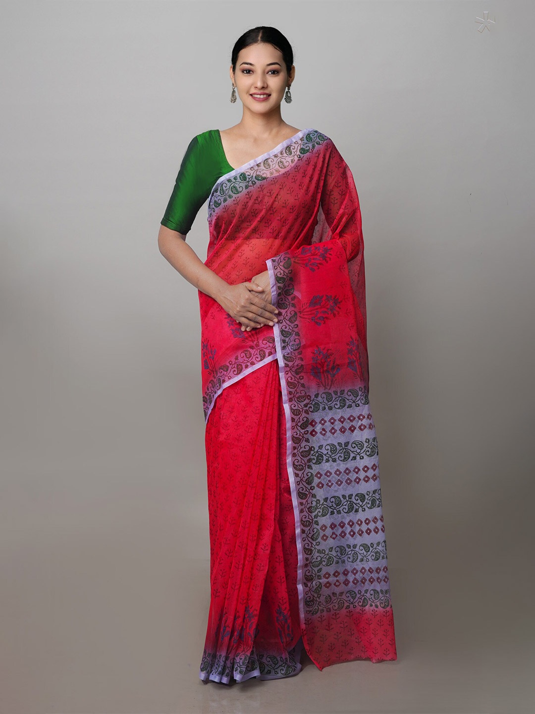 

Unnati Silks Floral Supernet Block Print Saree, Red