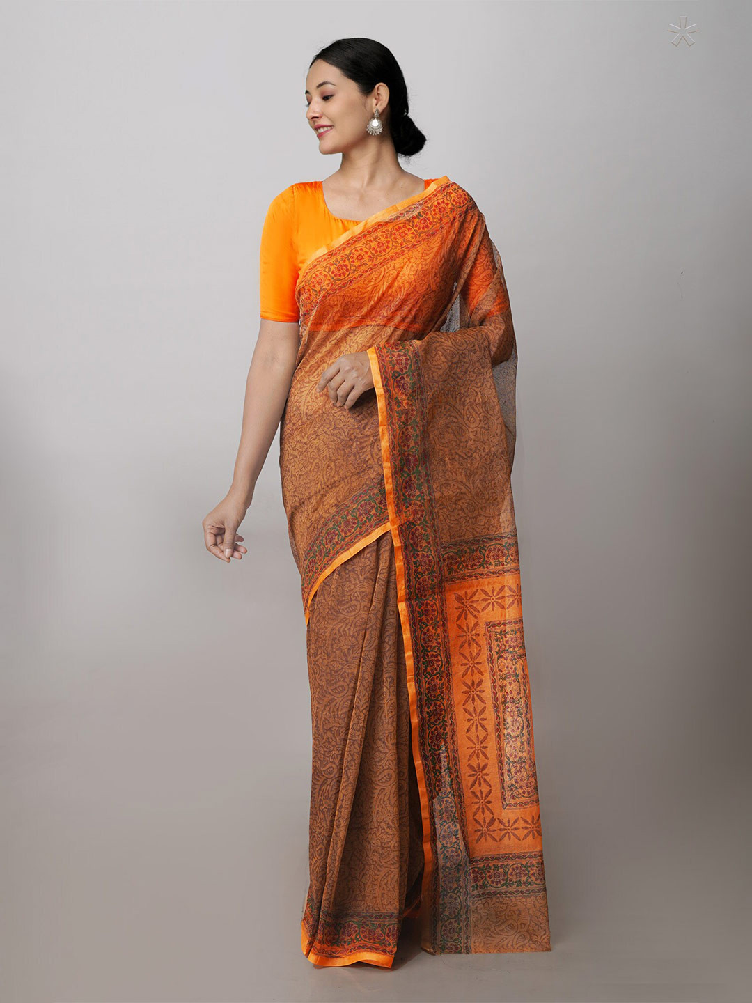 

Unnati Silks Ethnic Motif Supernet Block Print Saree With Blouse Piece, Brown