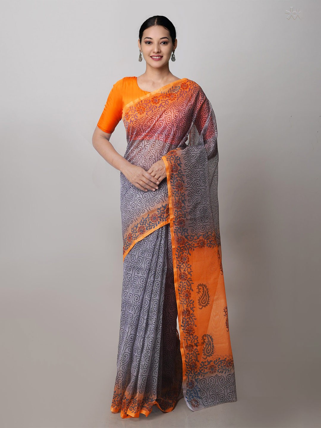 

Unnati Silks Ethnic Motifs Supernet Block Print Saree, Grey