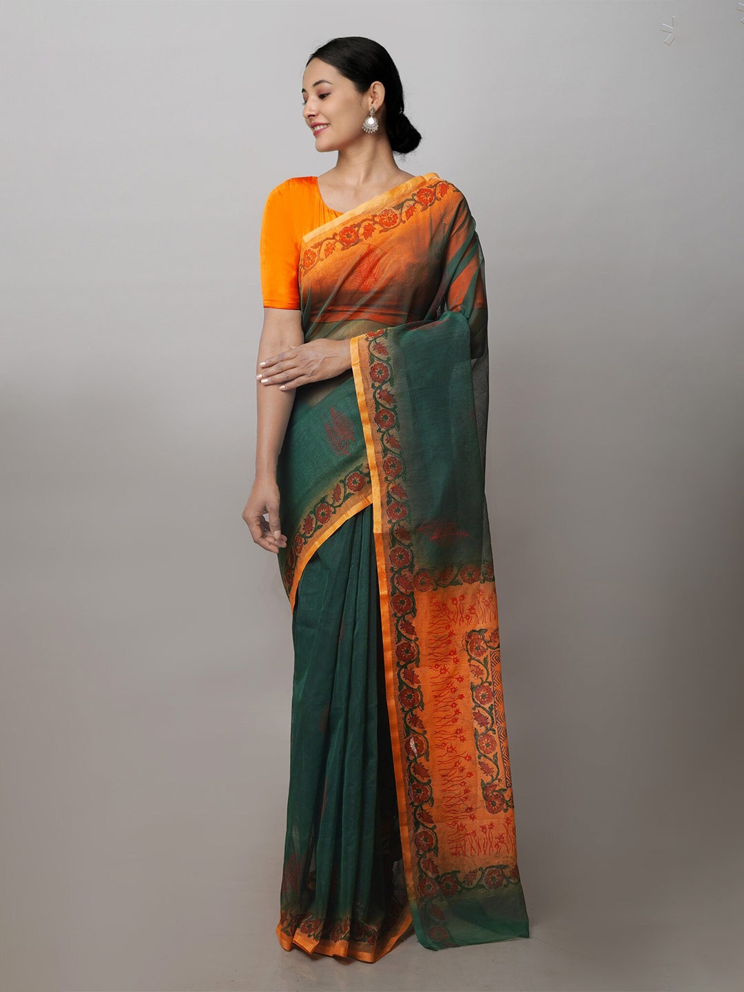 

Unnati Silks Floral Supernet Block Print Saree, Green