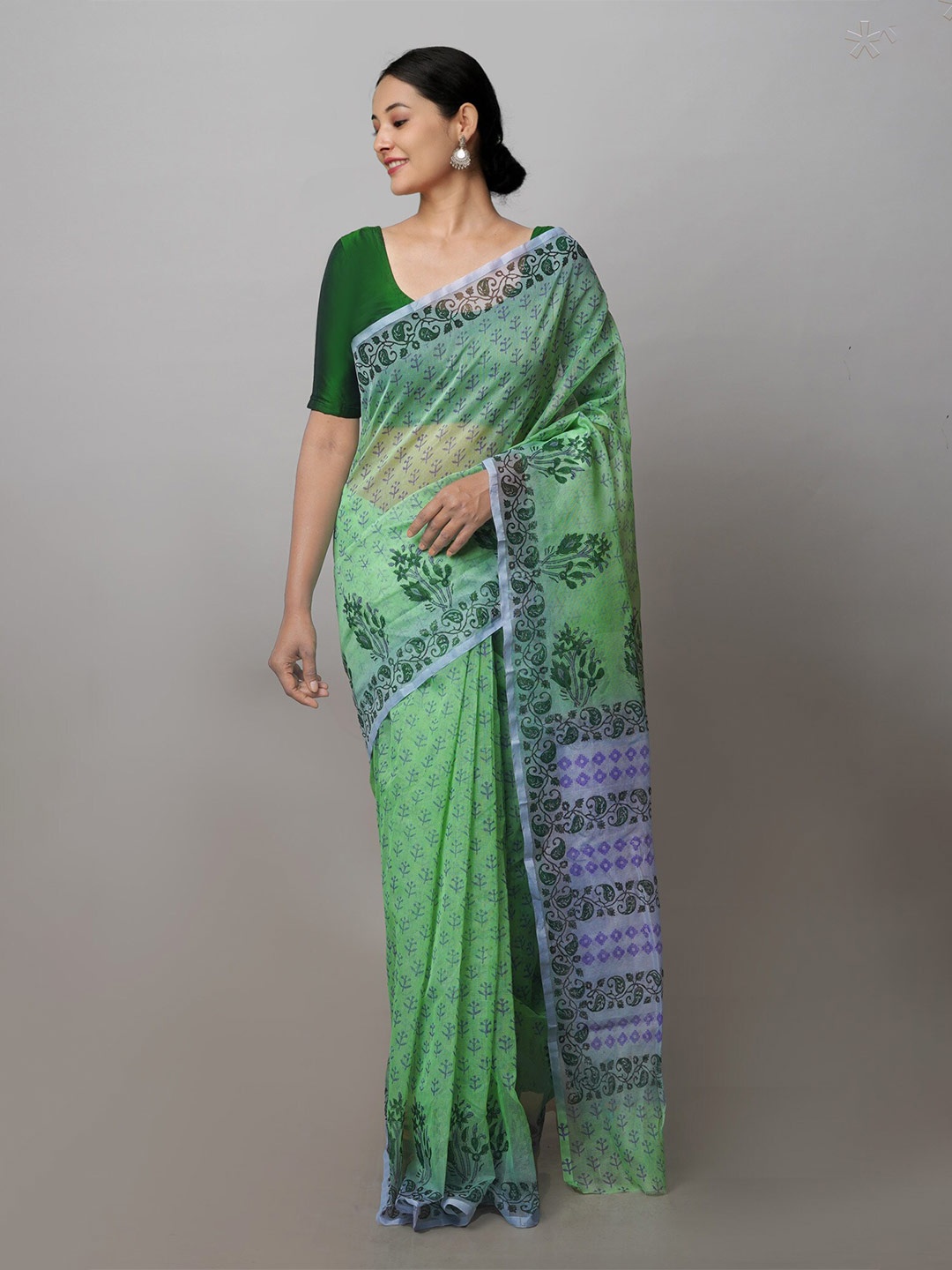 

Unnati Silks Ethnic Motif Supernet Block Print Saree With Blouse Piece, Green