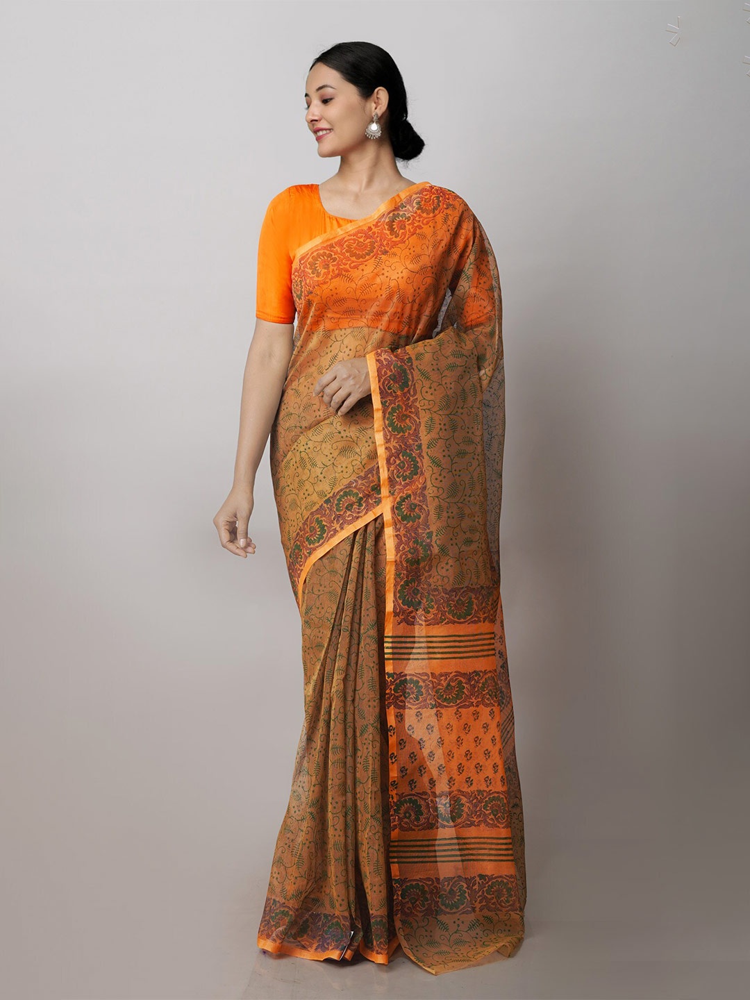 

Unnati Silks Ethnic Motif Supernet Block Print Saree With Blouse Piece, Brown