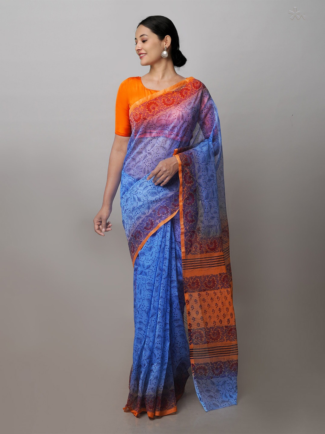 

Unnati Silks Ethnic Motif Supernet Block Print Saree With Blouse Piece, Blue