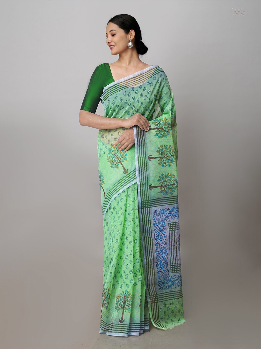 

Unnati Silks Floral Supernet Block Print Saree, Green