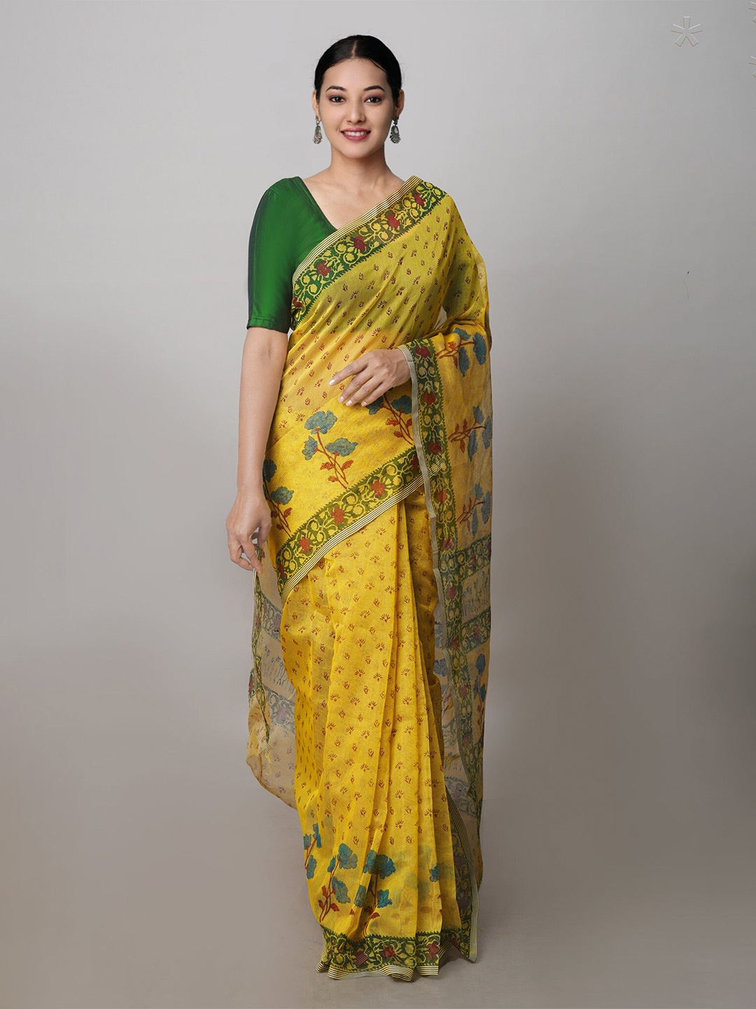 

Unnati Silks Ethnic Motif Supernet Block Print Saree With Blouse Piece, Yellow