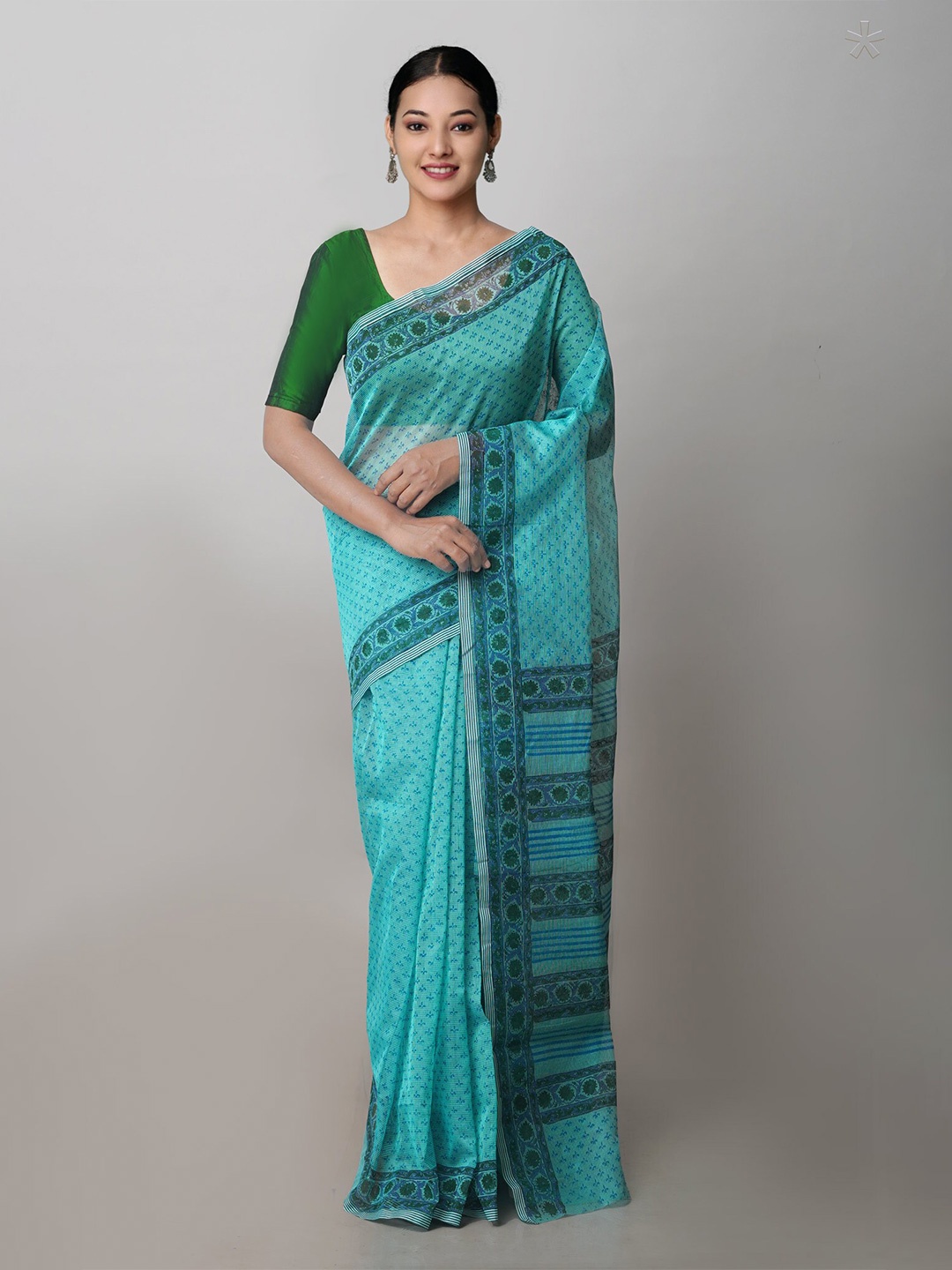 

Unnati Silks Ethnic Motifs Supernet Block Print Saree, Turquoise blue