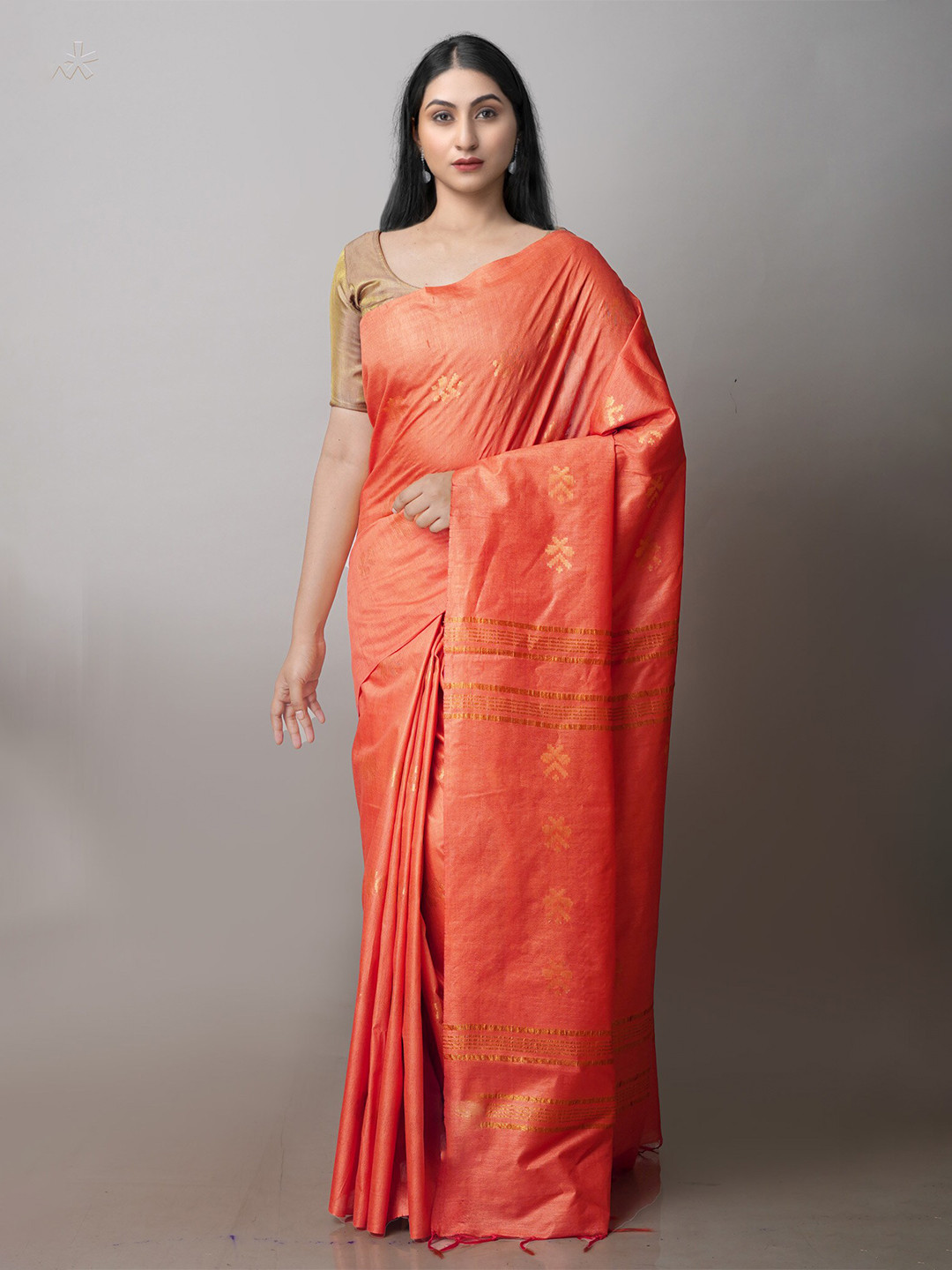

Unnati Silks Orange & Gold-Toned Woven Design Silk Cotton Chanderi Saree