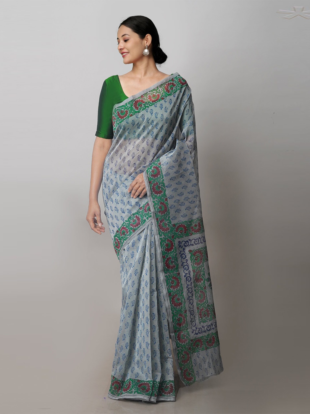 

Unnati Silks Ethnic Motif Supernet Block Print Saree With Blouse Piece, Grey
