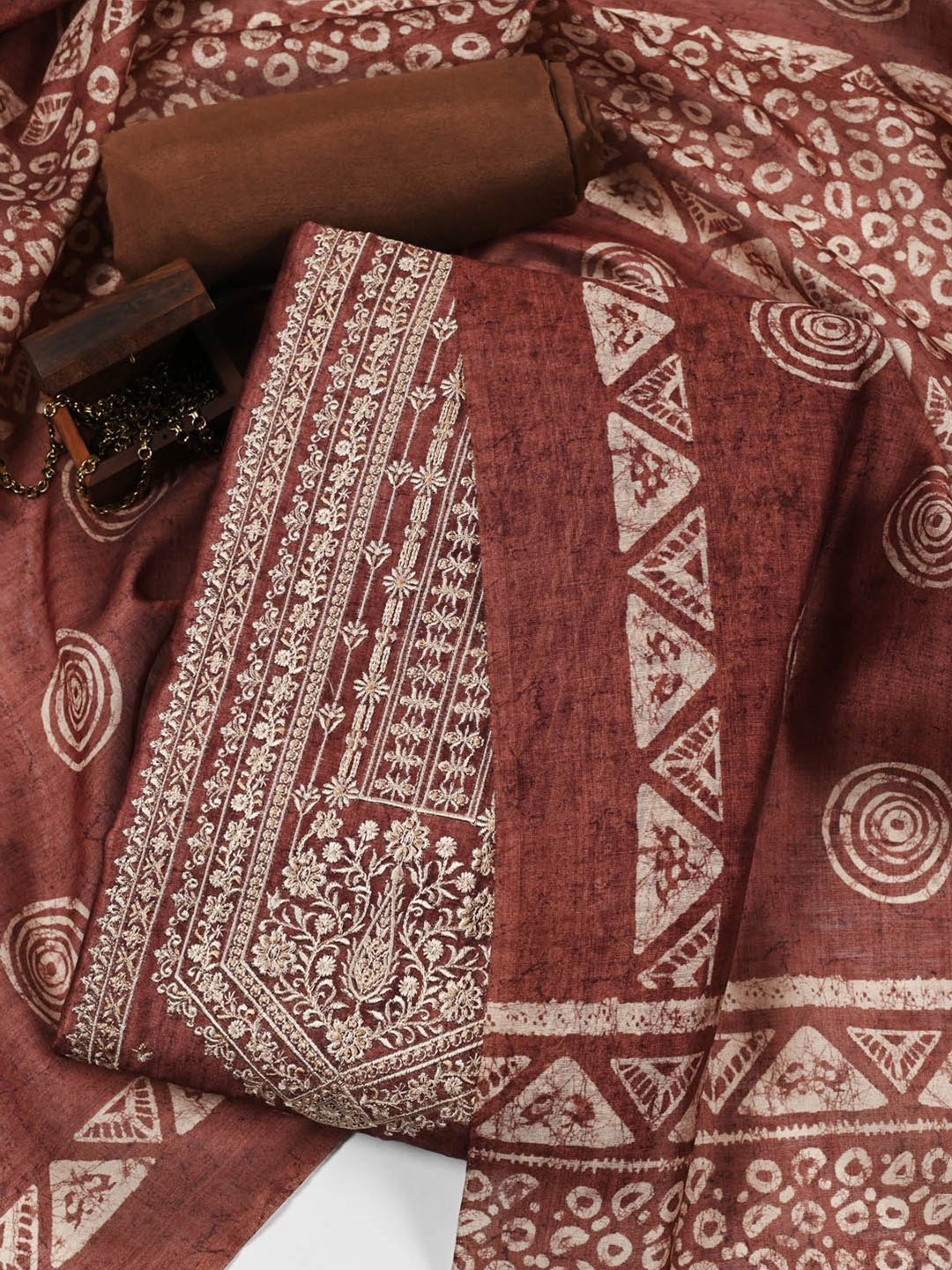 

Meena Bazaar Ethnic Motif Embroidered Unstitched Dress Material, Brown