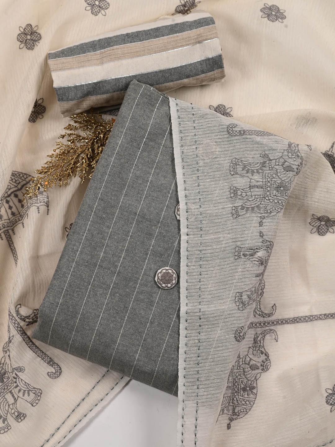 

Meena Bazaar Striped Printed Unstitched Dress Material, Grey