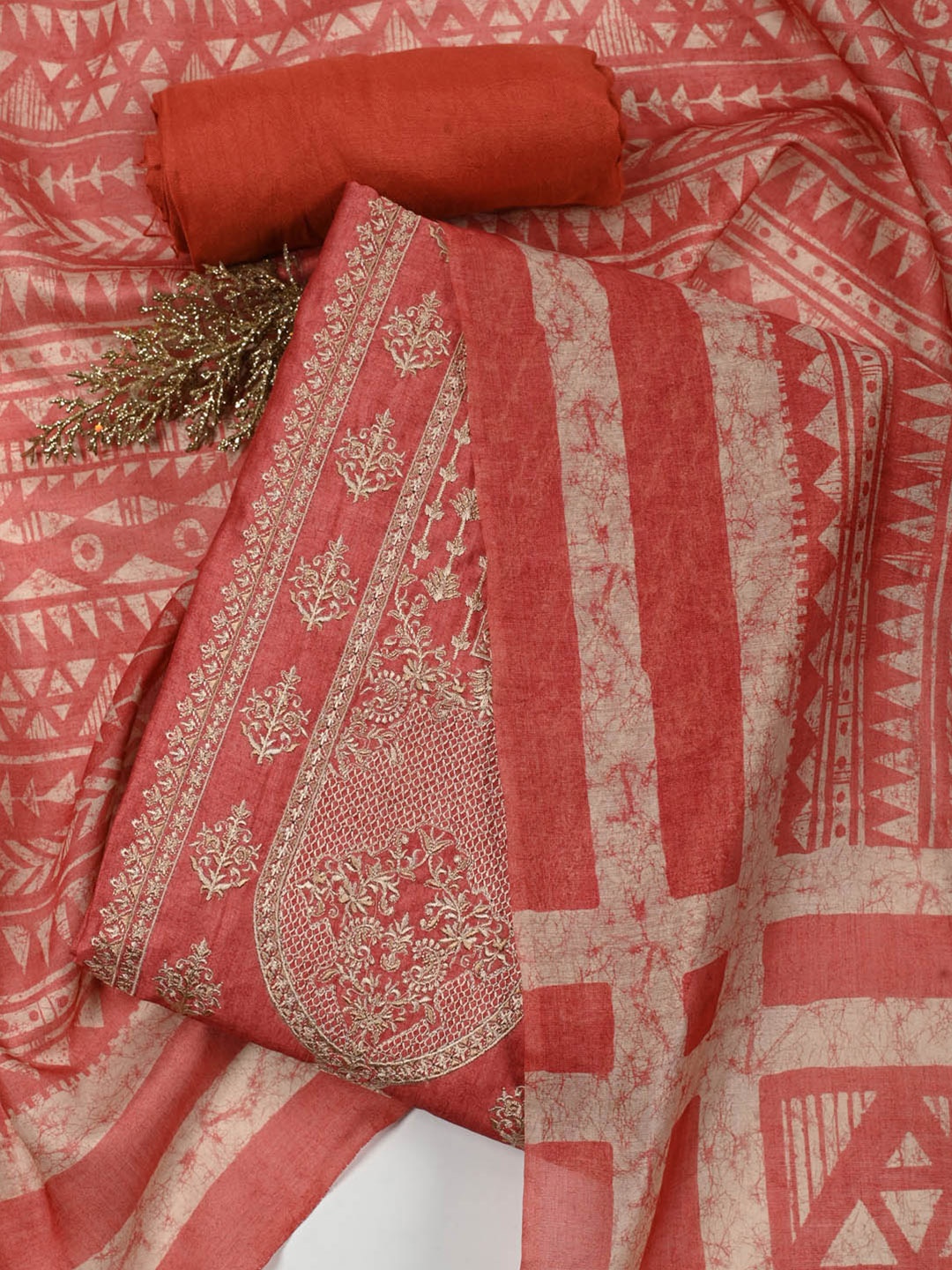 

Meena Bazaar Ethnic Motif Embroidered Unstitched Dress Material, Rust