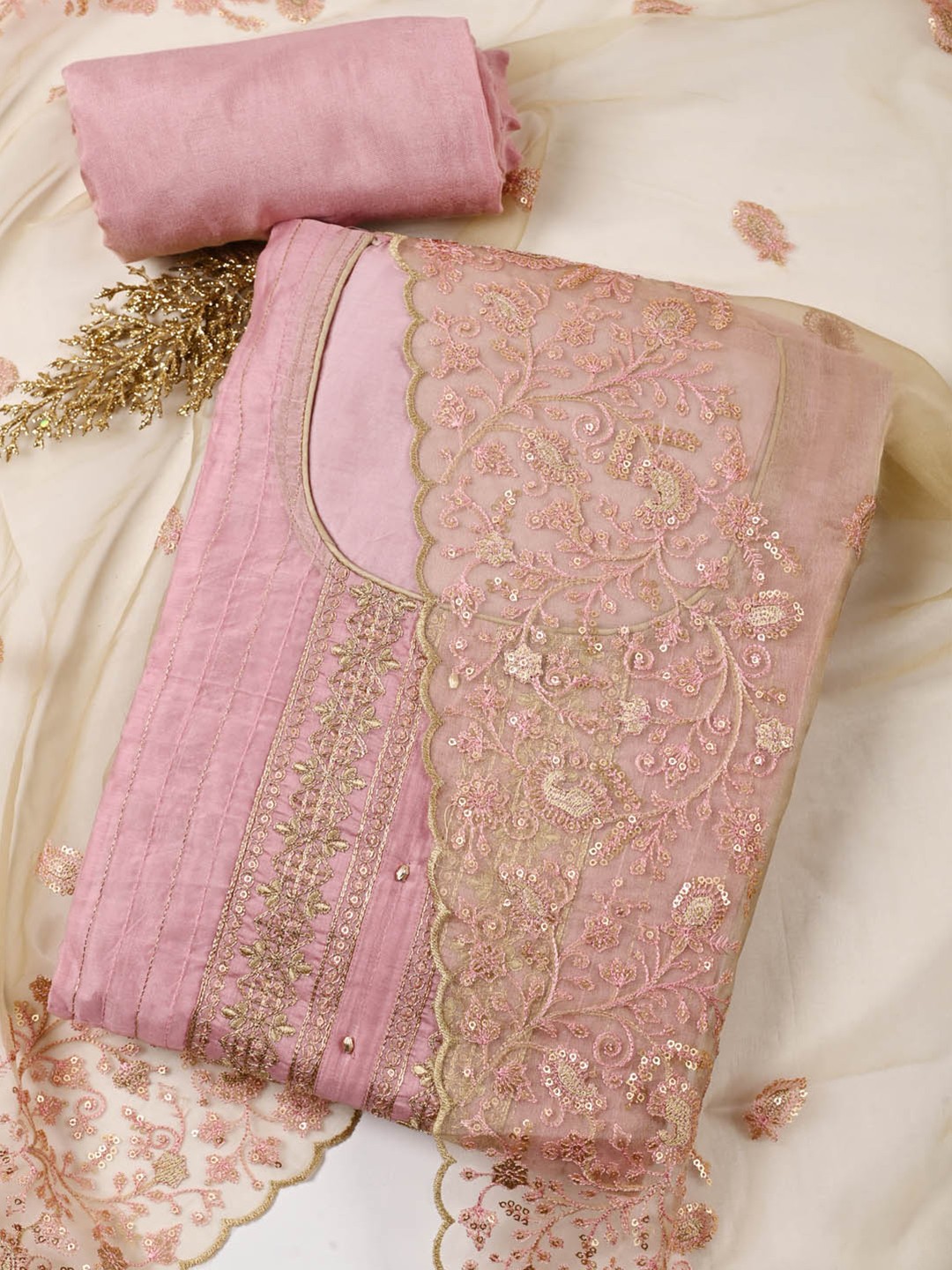 

Meena Bazaar Floral Embroidered Unstitched Dress Material, Pink