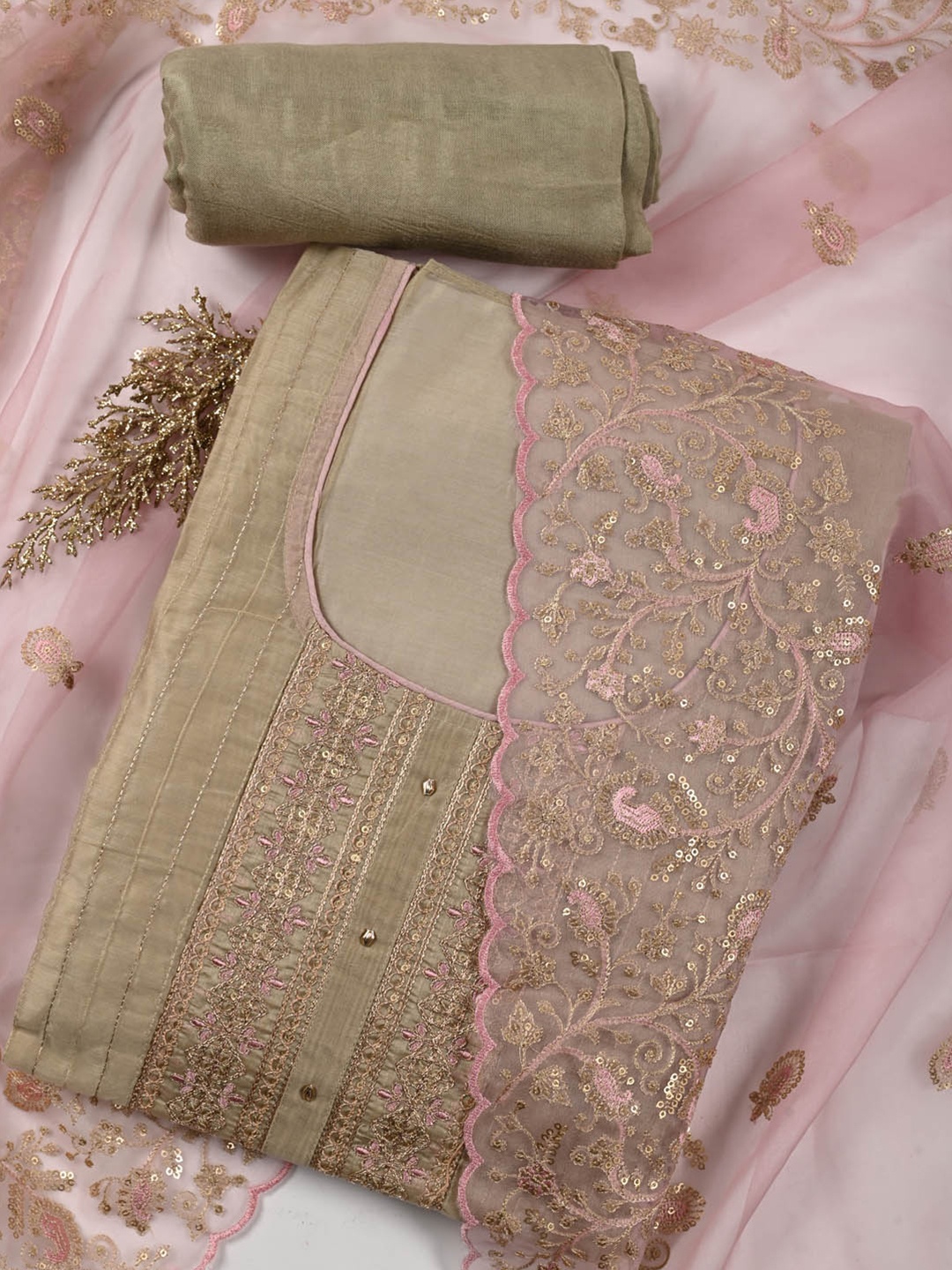 

Meena Bazaar Ethnic Motif Embroidered Unstitched Dress Material, Green