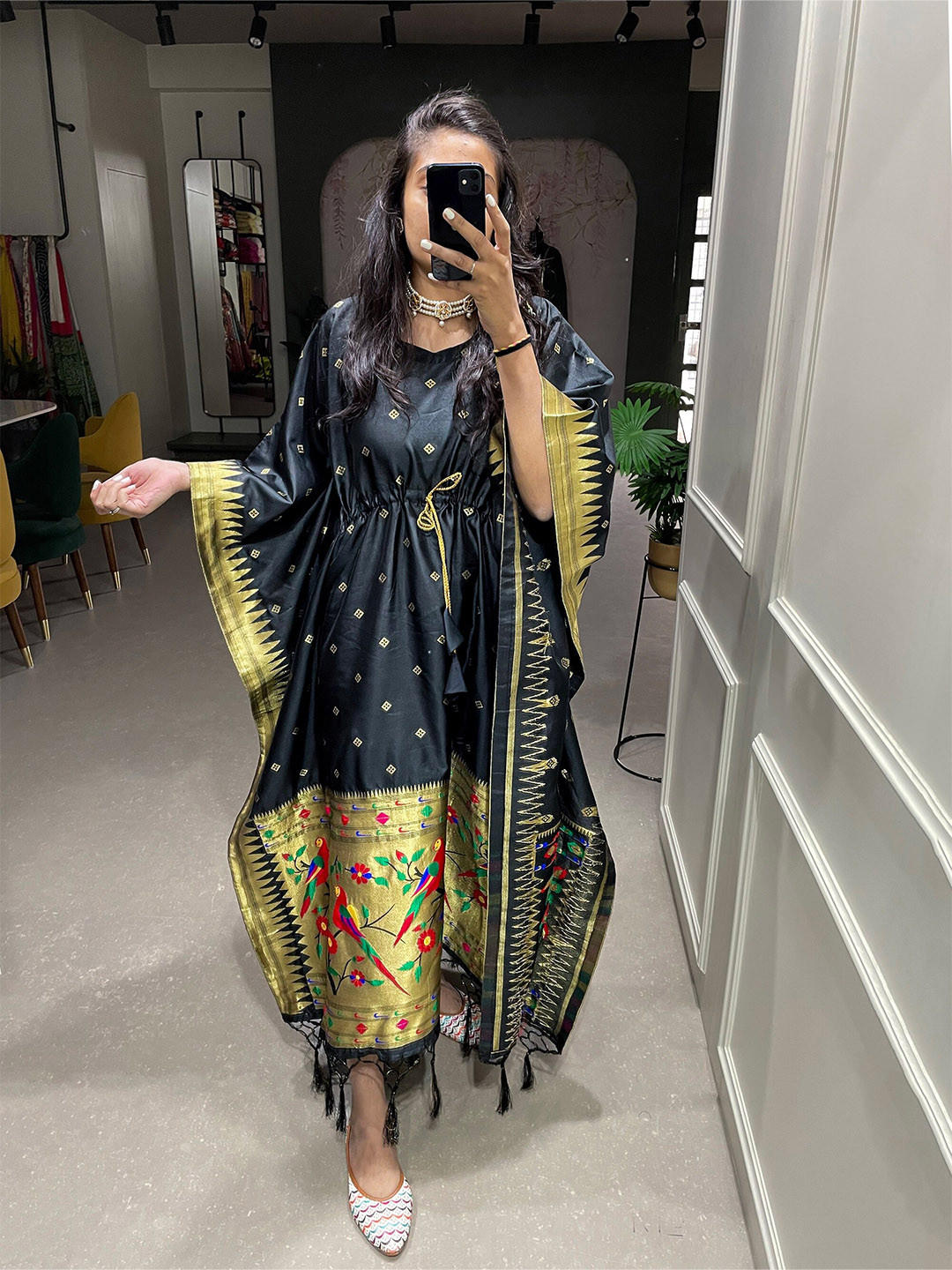 

LOOKNBOOK ART Ethnic Motif Printed Fringed Jacquard Kaftan Ethnic Dress, Black