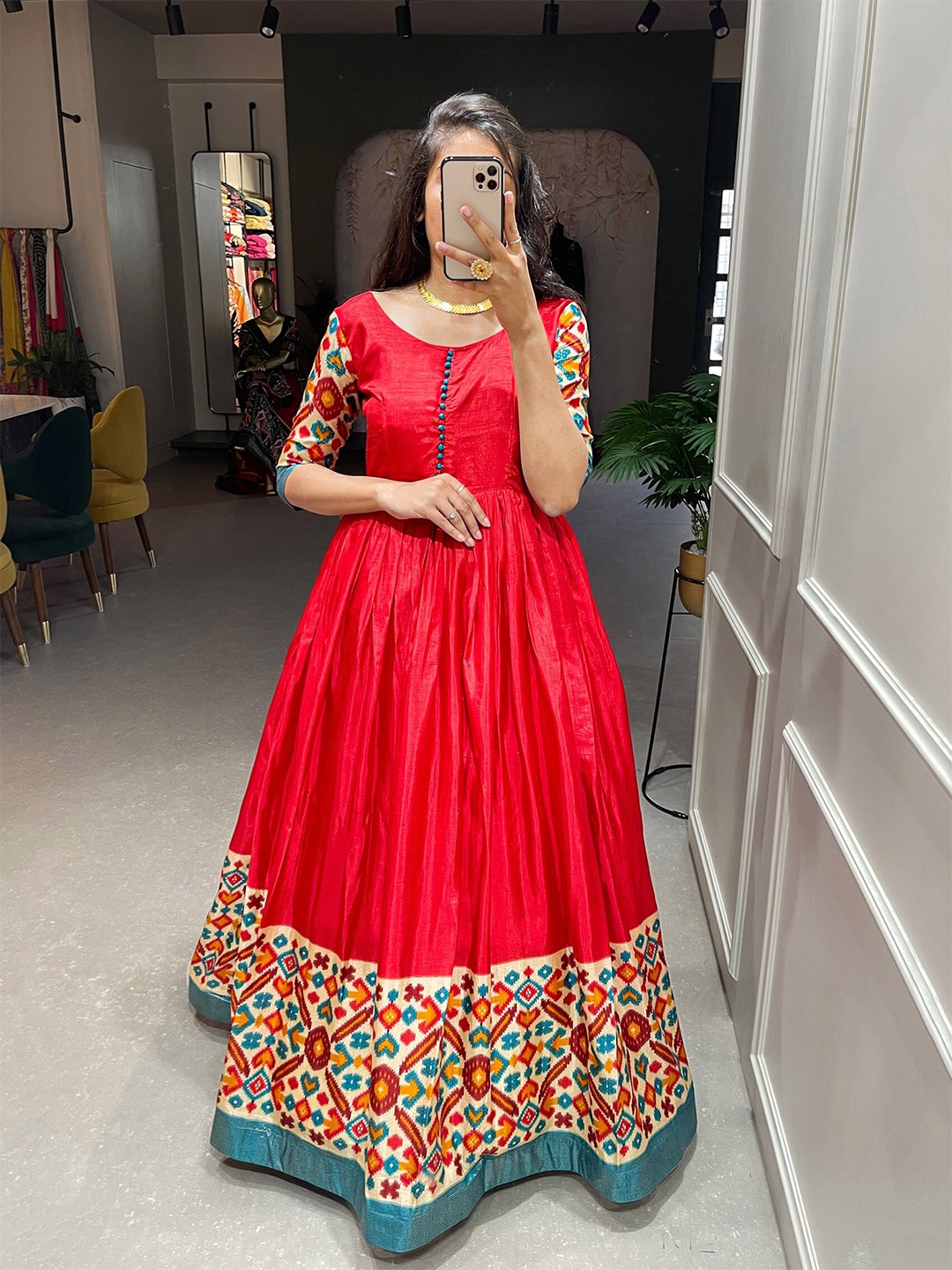 

LOOKNBOOK ART Ethnic Motif Printed Silk Fit & Flare Maxi Ethnic Dress, Red
