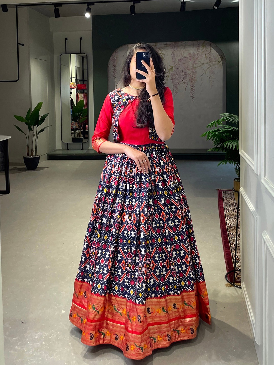 

LOOKNBOOK ART Ethnic Motif Printed Silk Fit & Flare Maxi Ethnic Dress, Navy blue