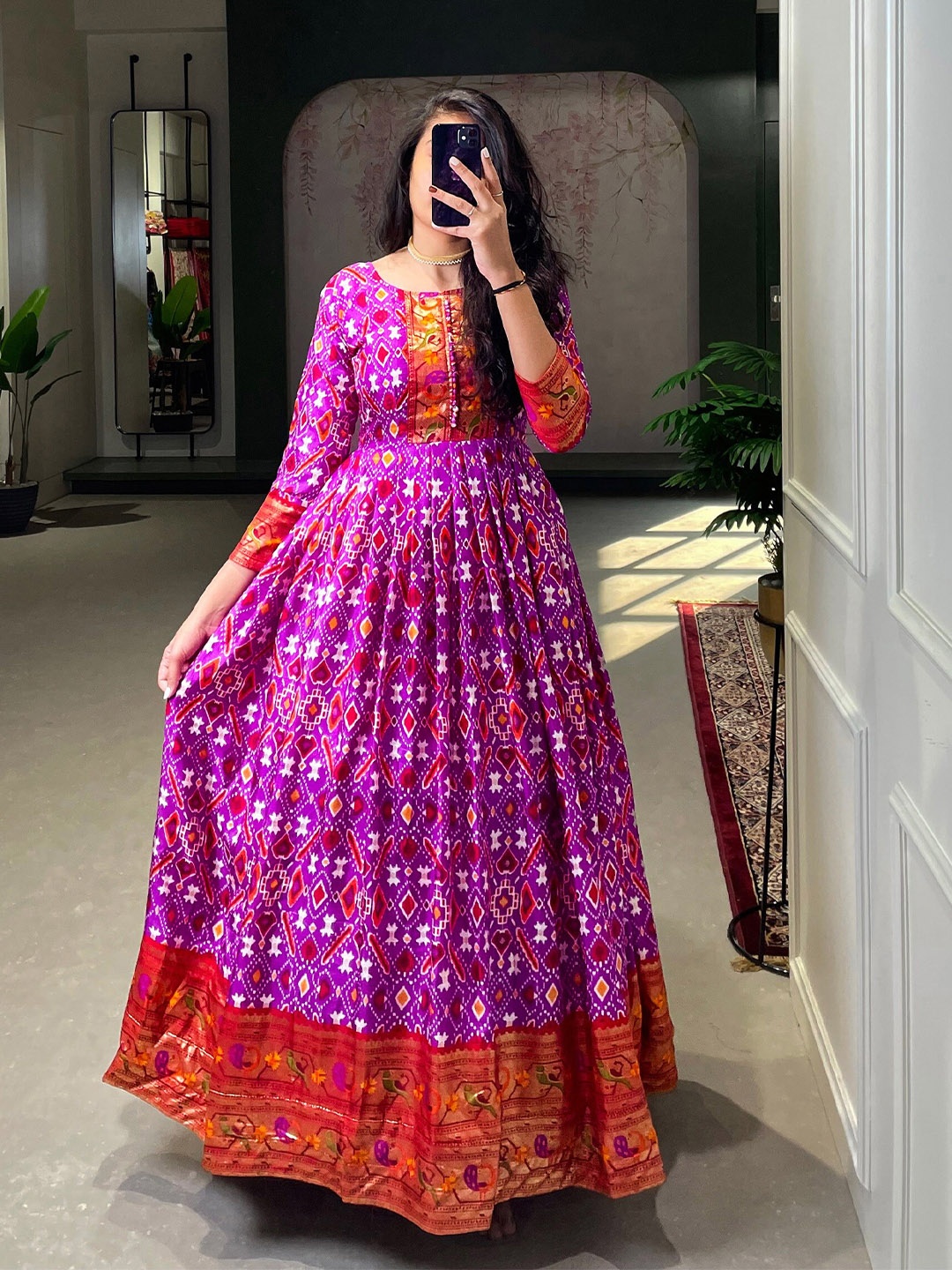 

LOOKNBOOK ART Ethnic Motif Printed Silk Fit & Flare Maxi Ethnic Dress, Purple