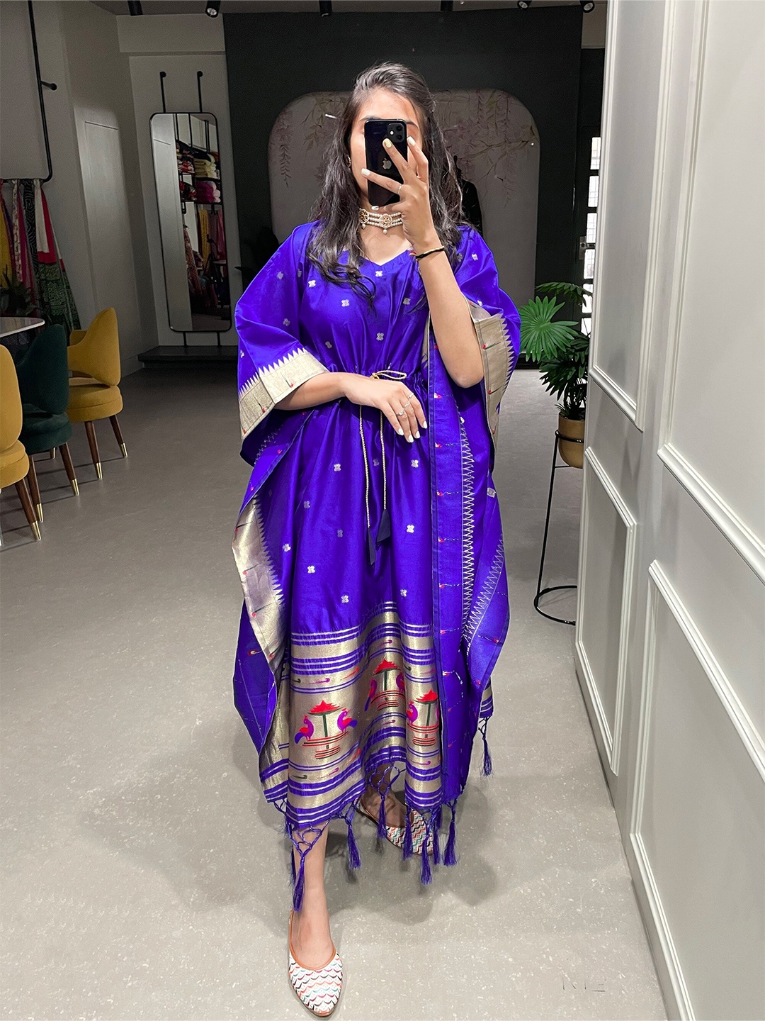 

LOOKNBOOK ART Ethnic Motif Printed Fringed Jacquard Kaftan Ethnic Dress, Blue