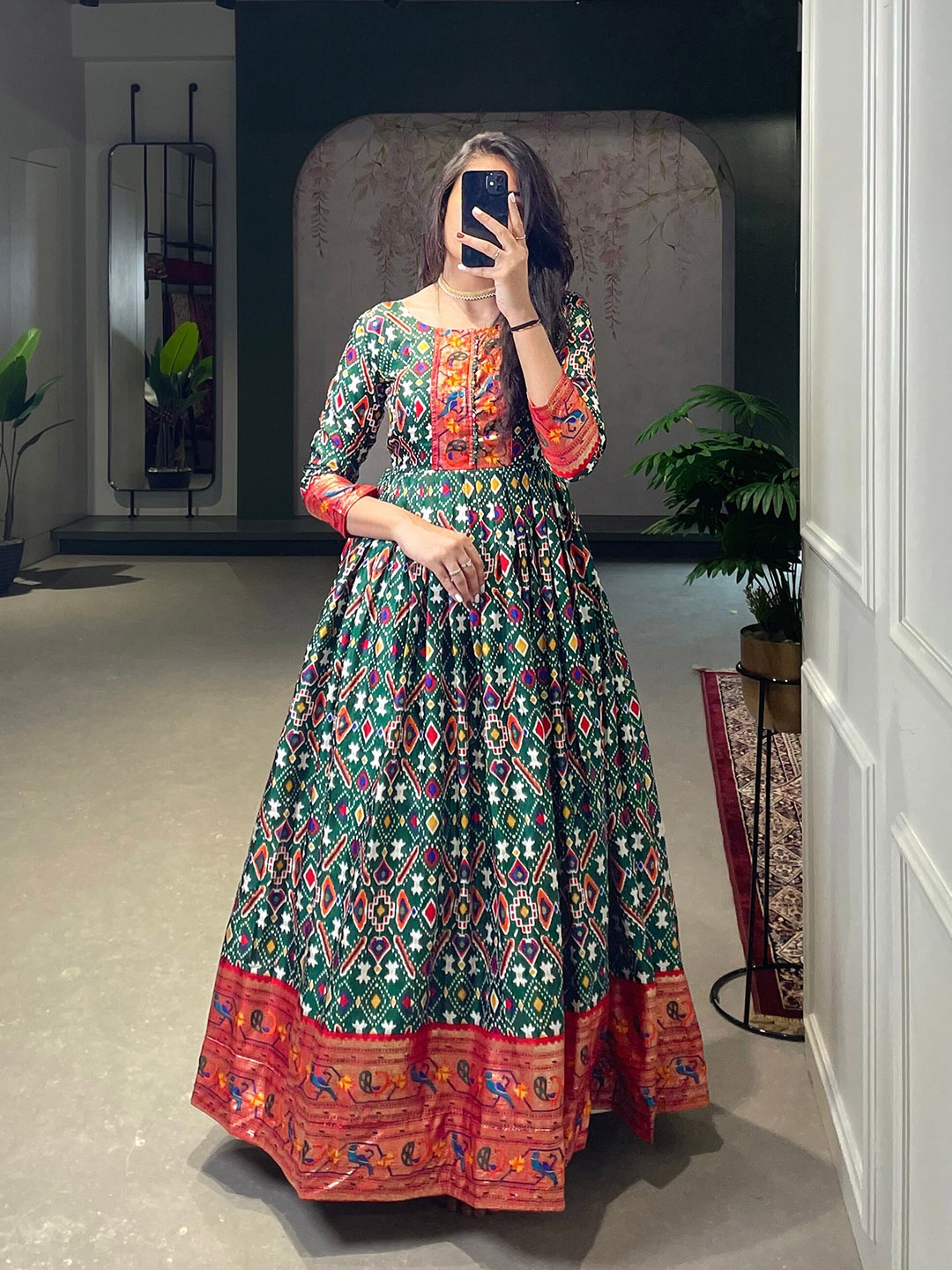 

LOOKNBOOK ART Ethnic Motif Printed Silk Fit & Flare Maxi Ethnic Dress, Green