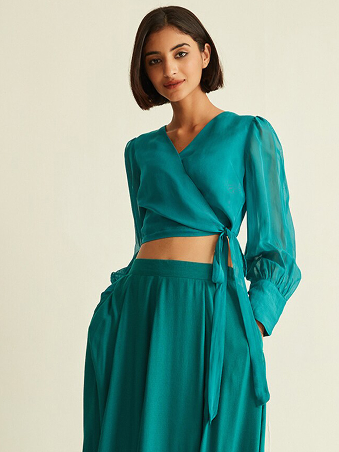 

Ancestry V-Neck Wrap Crop Top, Teal