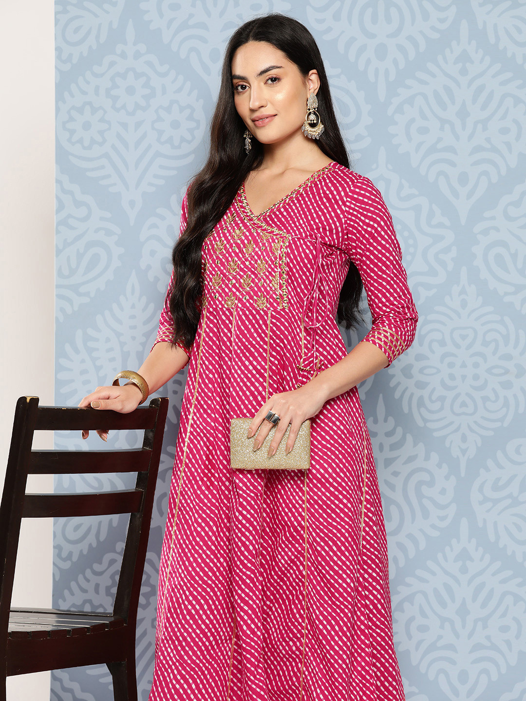 

Yufta Ethnic Motifs Print Embellished Pure Cotton Maxi Dress, Pink
