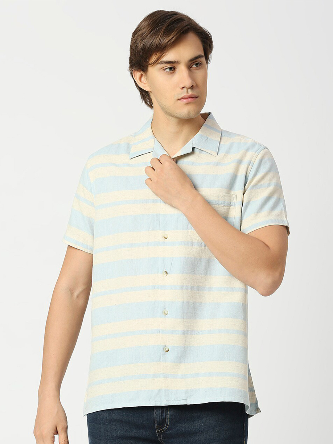 

VALEN CLUB Horizontal Striped Spread Collar Cotton Casual Shirt, Blue