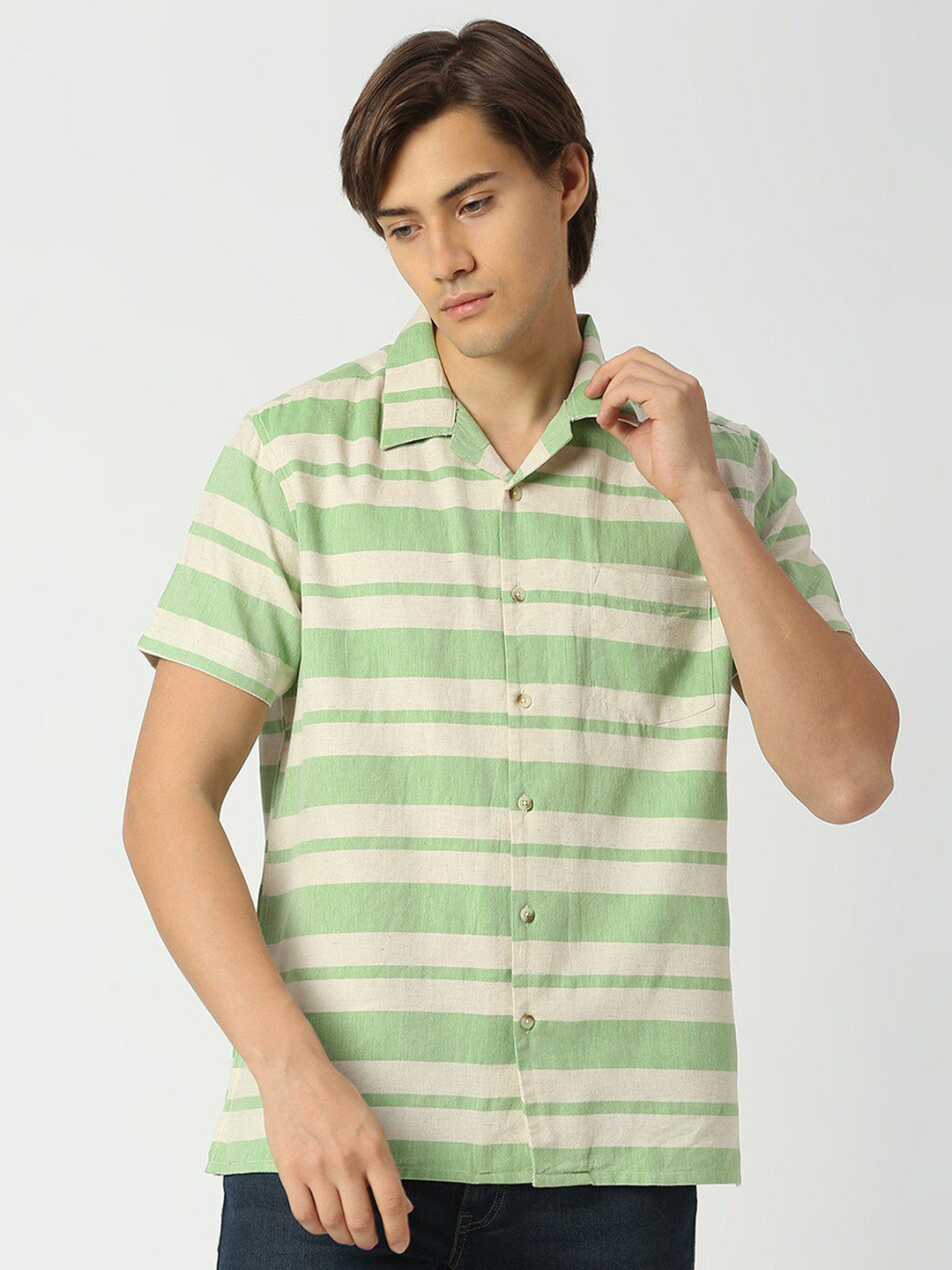 

VALEN CLUB Horizontal Striped Spread Collar Cotton Casual Shirt, Green