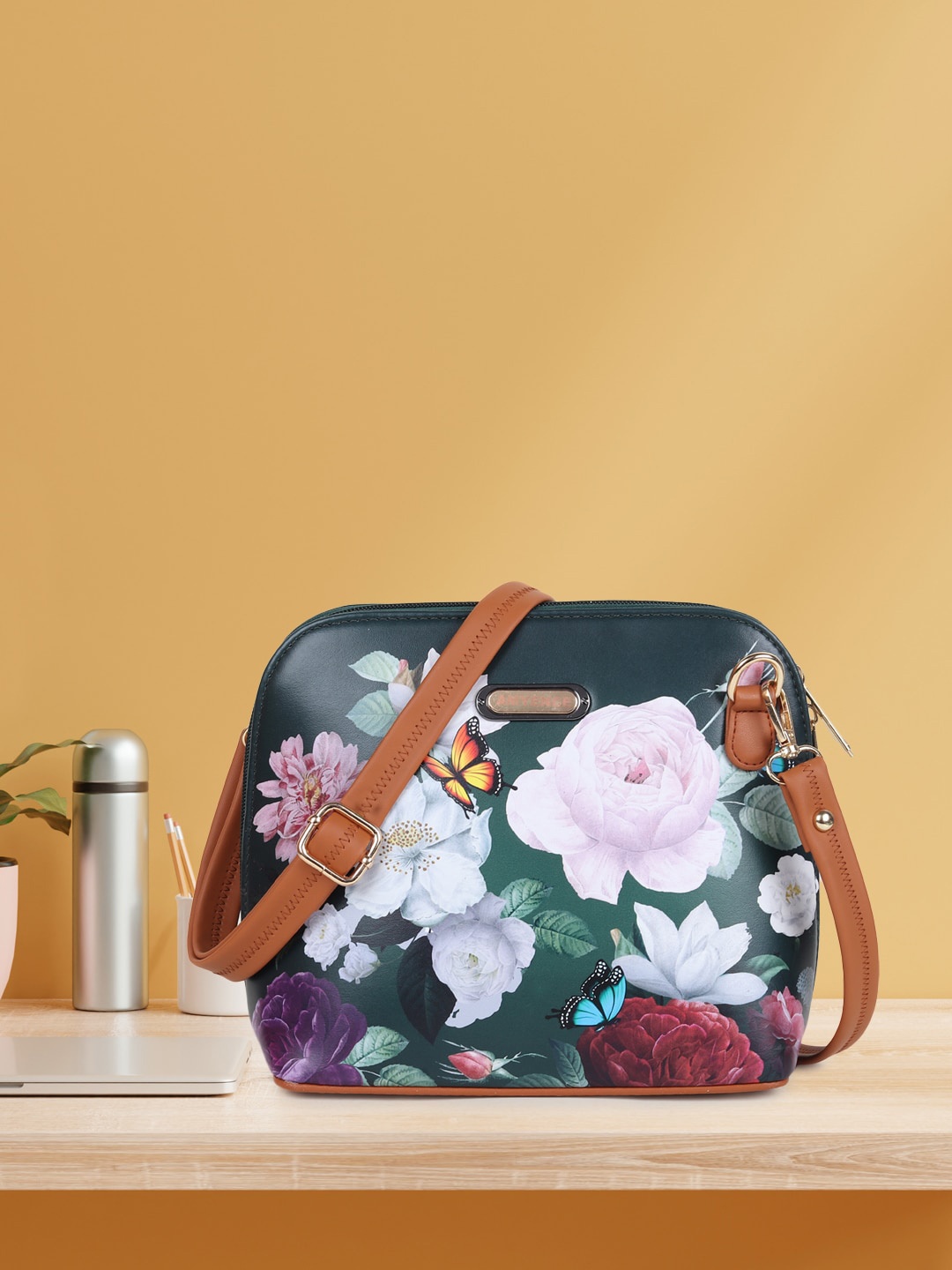 

AMYENCE Floral Printed Structured Sling Bag, Green