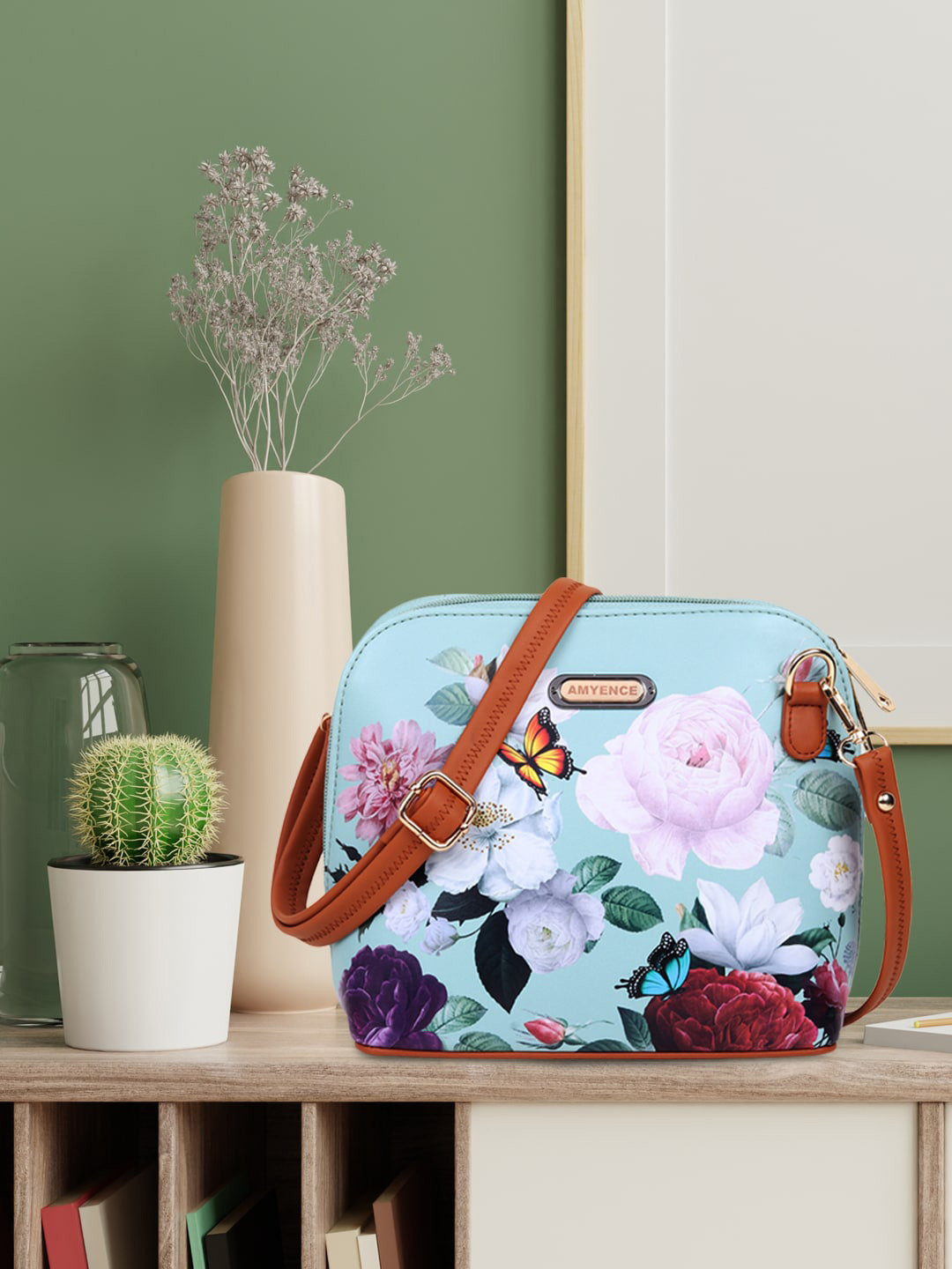 

AMYENCE Floral Printed Structured Sling Bag, Green