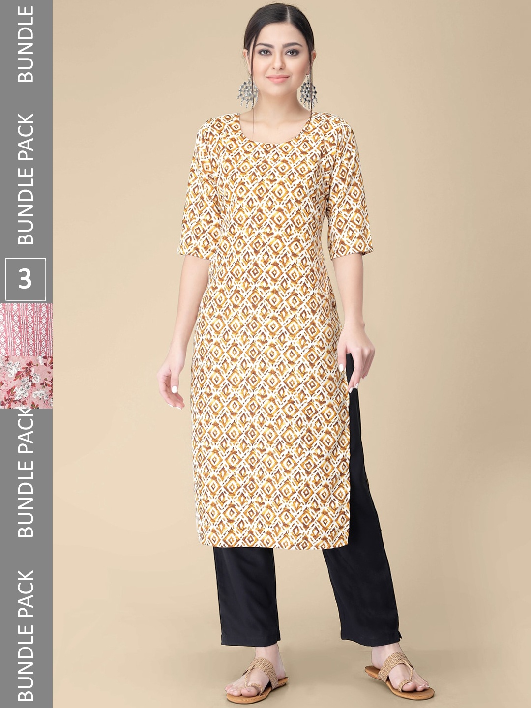 

7Threads Pack Of 3 Printed Straight Kurta, Mustard