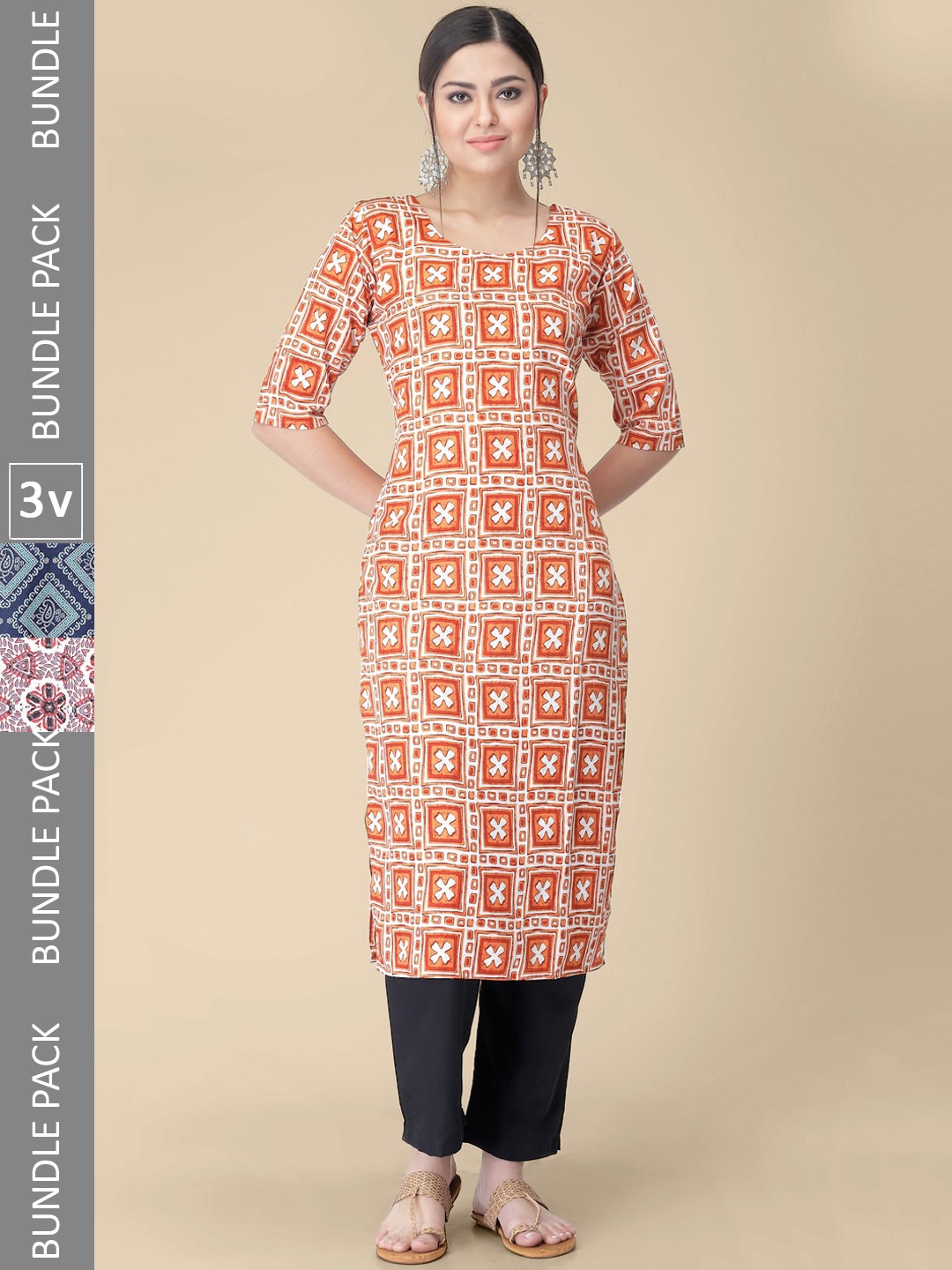 

7Threads Pack Of 3 Printed Straight Kurta, Orange