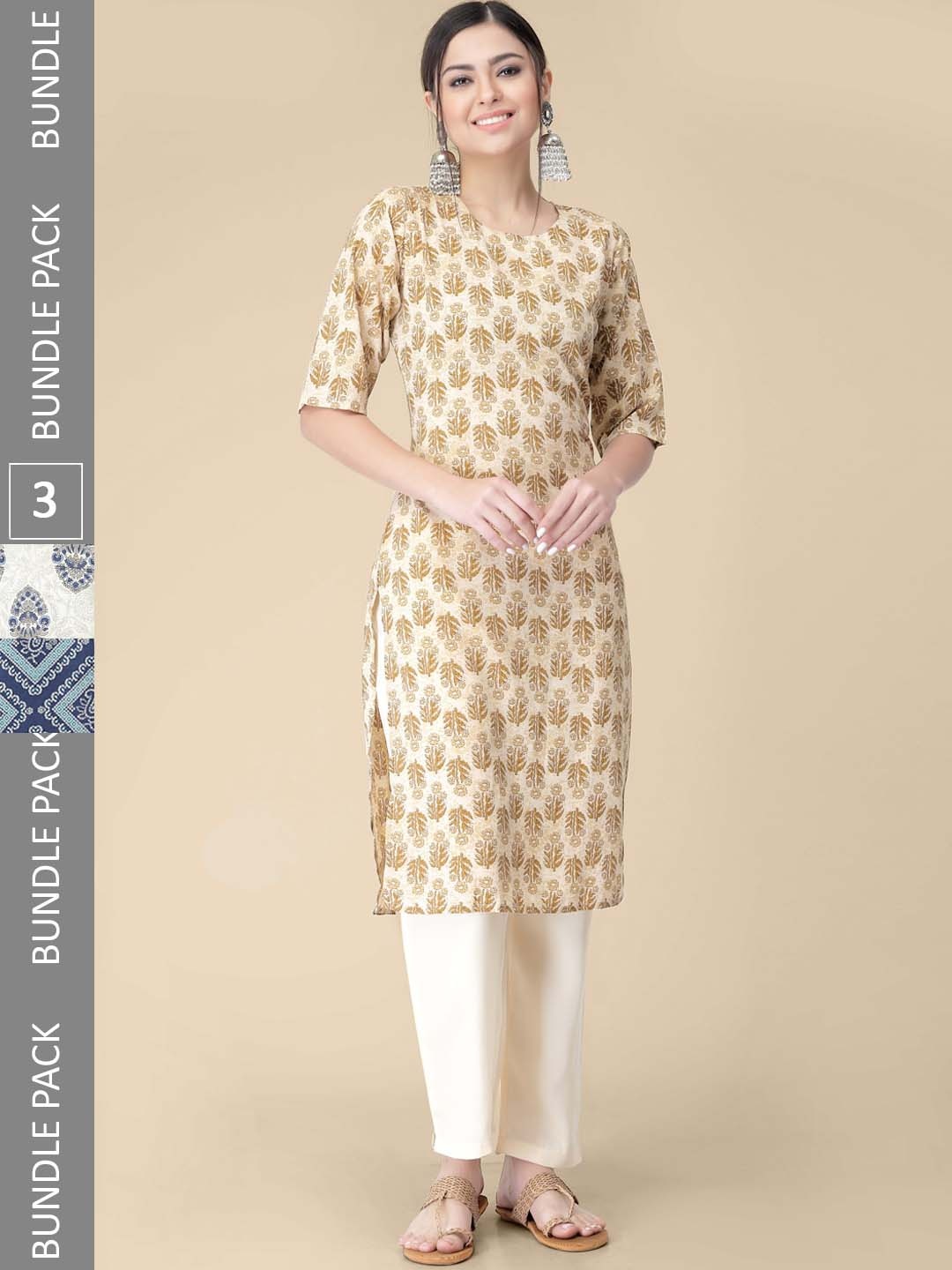 

7Threads Pack Of 3 Printed Straight Kurta, Mustard