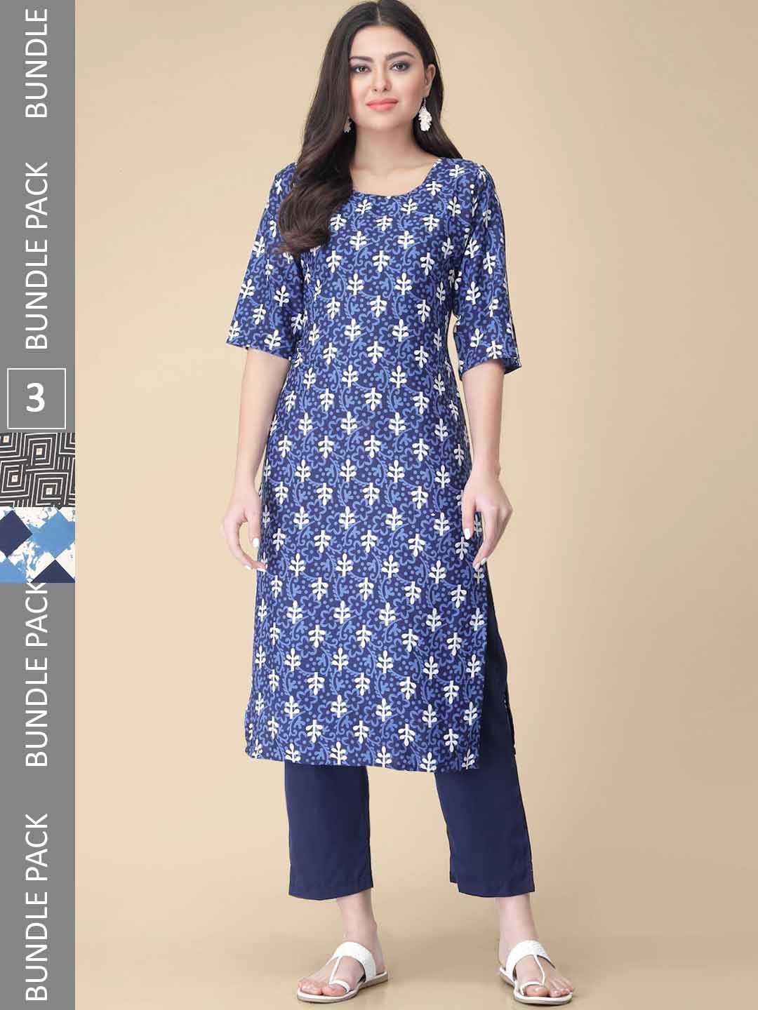 

7Threads Pack Of 3 Printed Straight Kurta, Blue