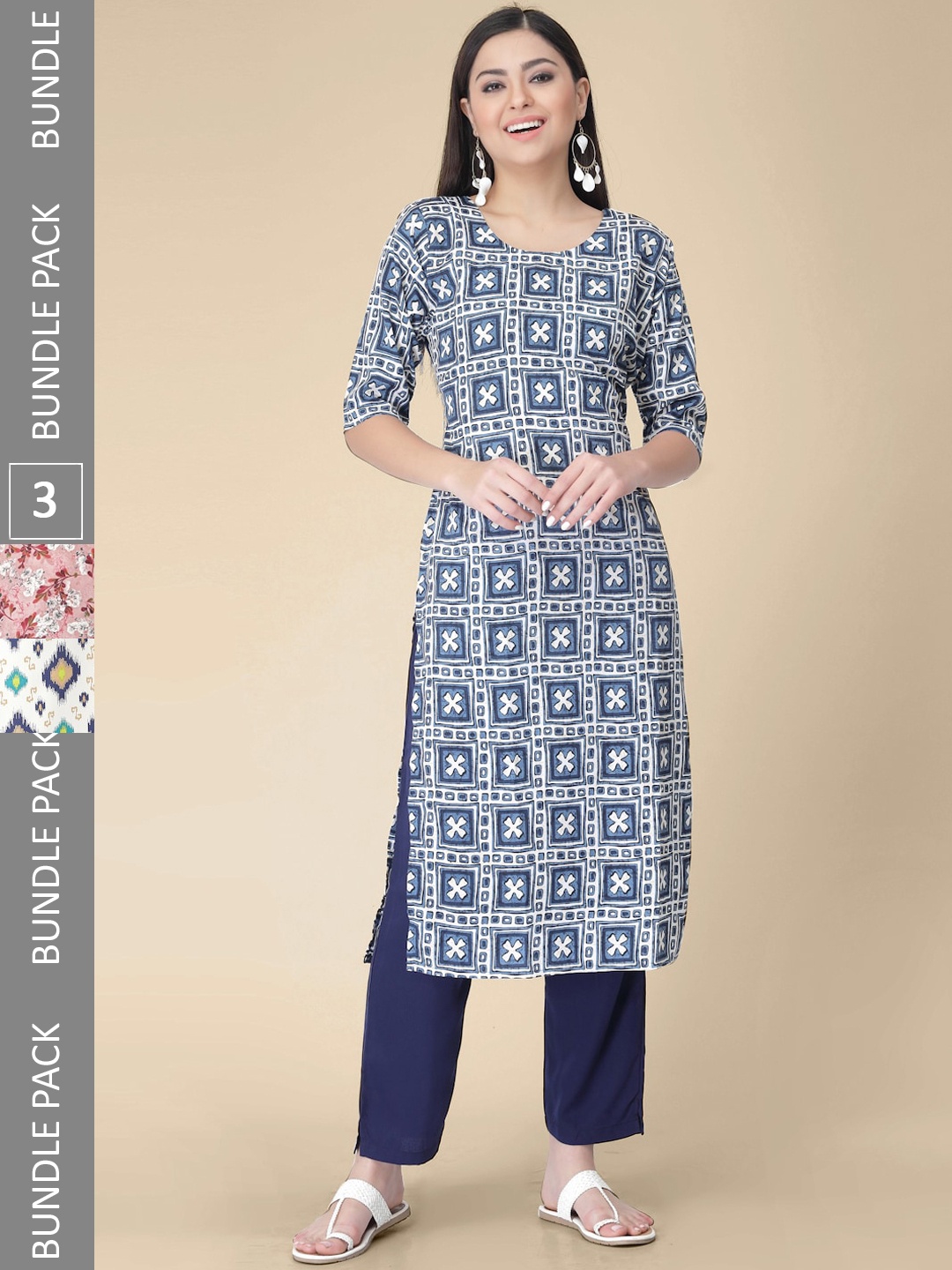 

7Threads Pack Of 3 Printed Straight Kurta, Blue