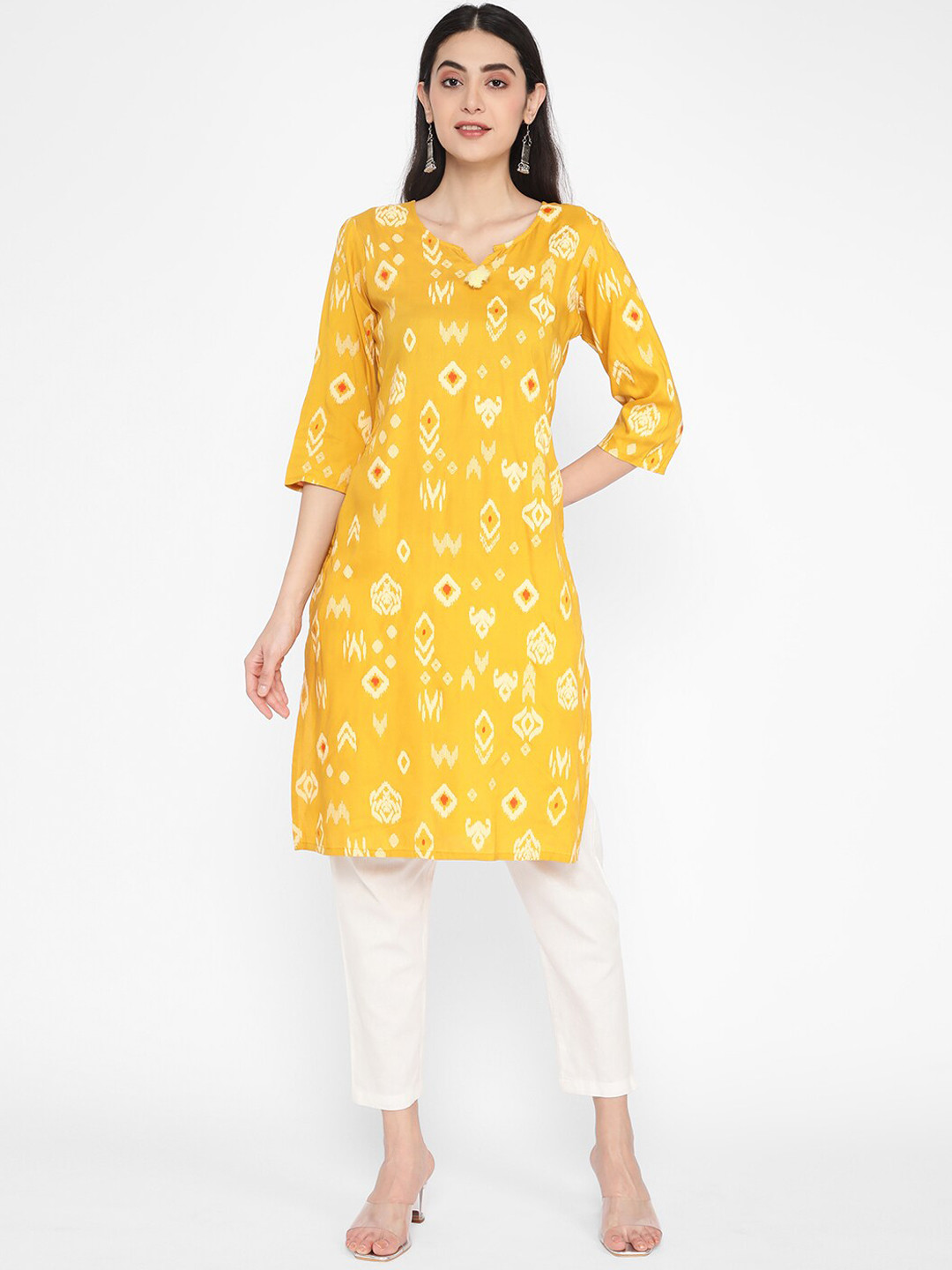 

R&B Ethnic Motifs Printed Notched Neck Straight Kurta, Yellow