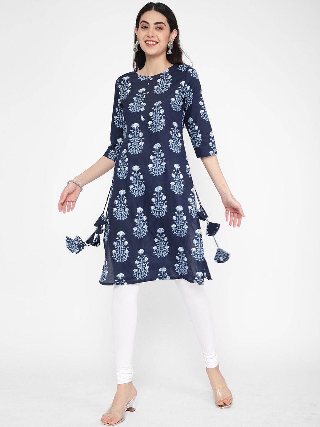 

R&B Floral Printed Round Neck Cotton Straight Kurta, Blue