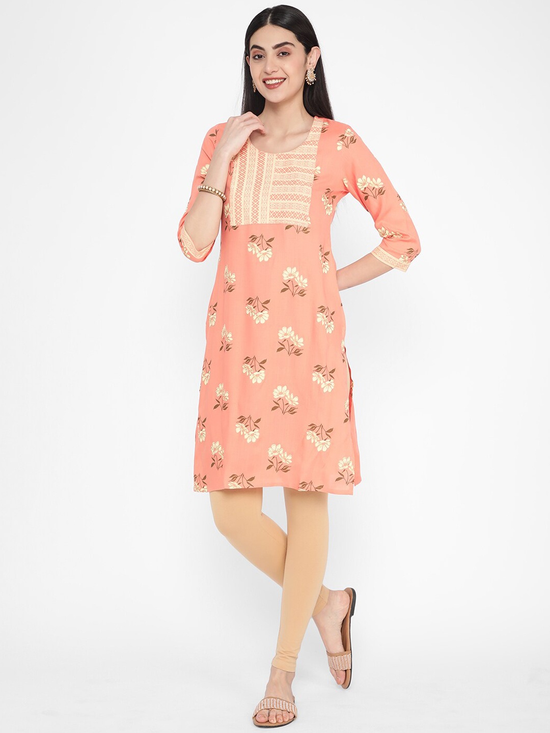 

R&B Floral Printed Straight Kurta, Peach
