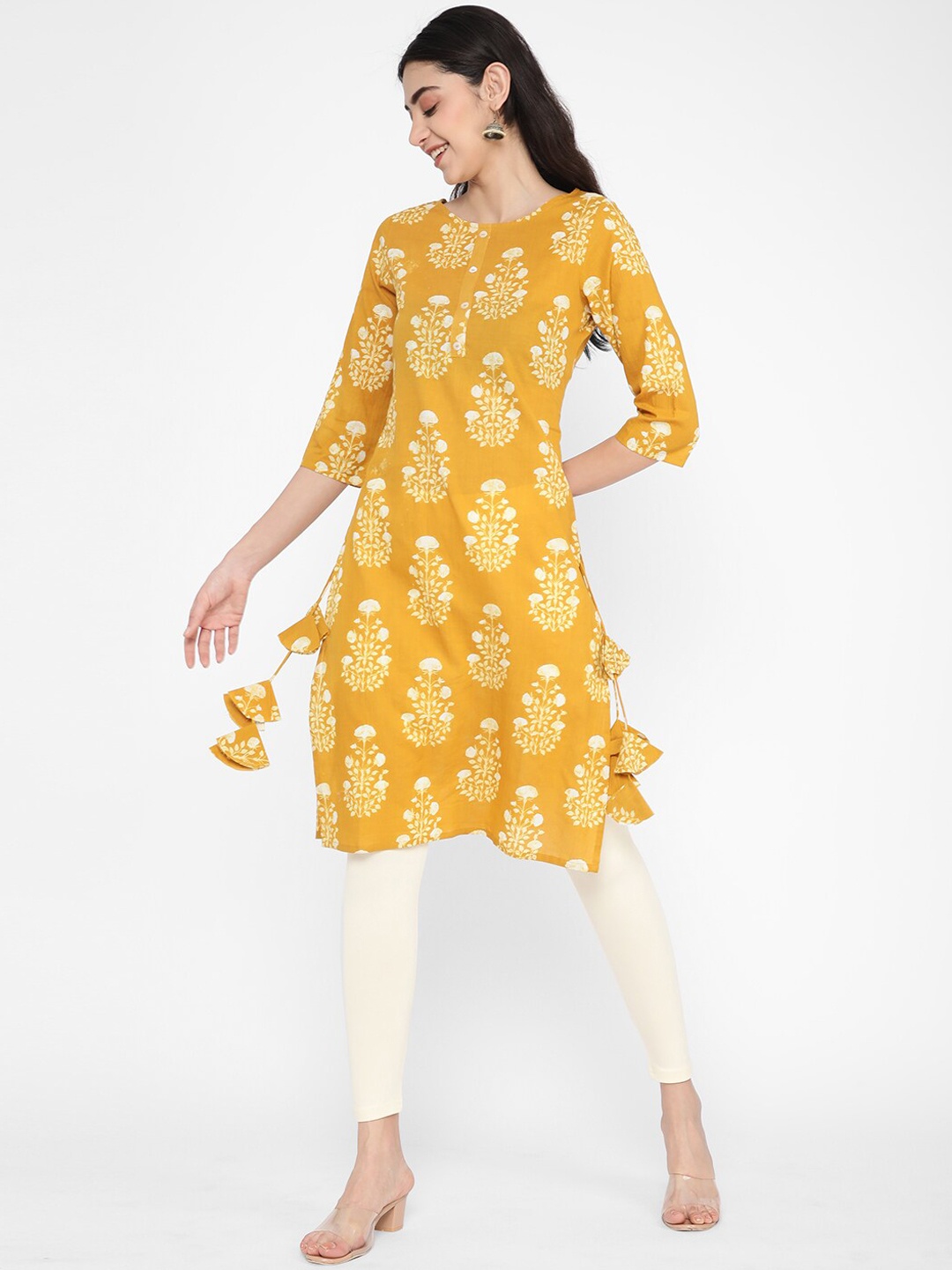 

R&B Floral Printed Round Neck Cotton Straight Kurta, Yellow
