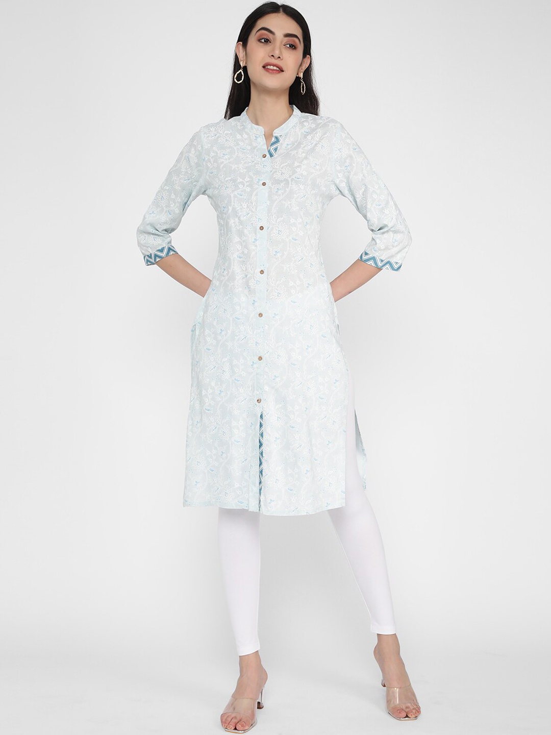 

R&B Floral Printed Mandarin Collar Straight Kurta, Blue