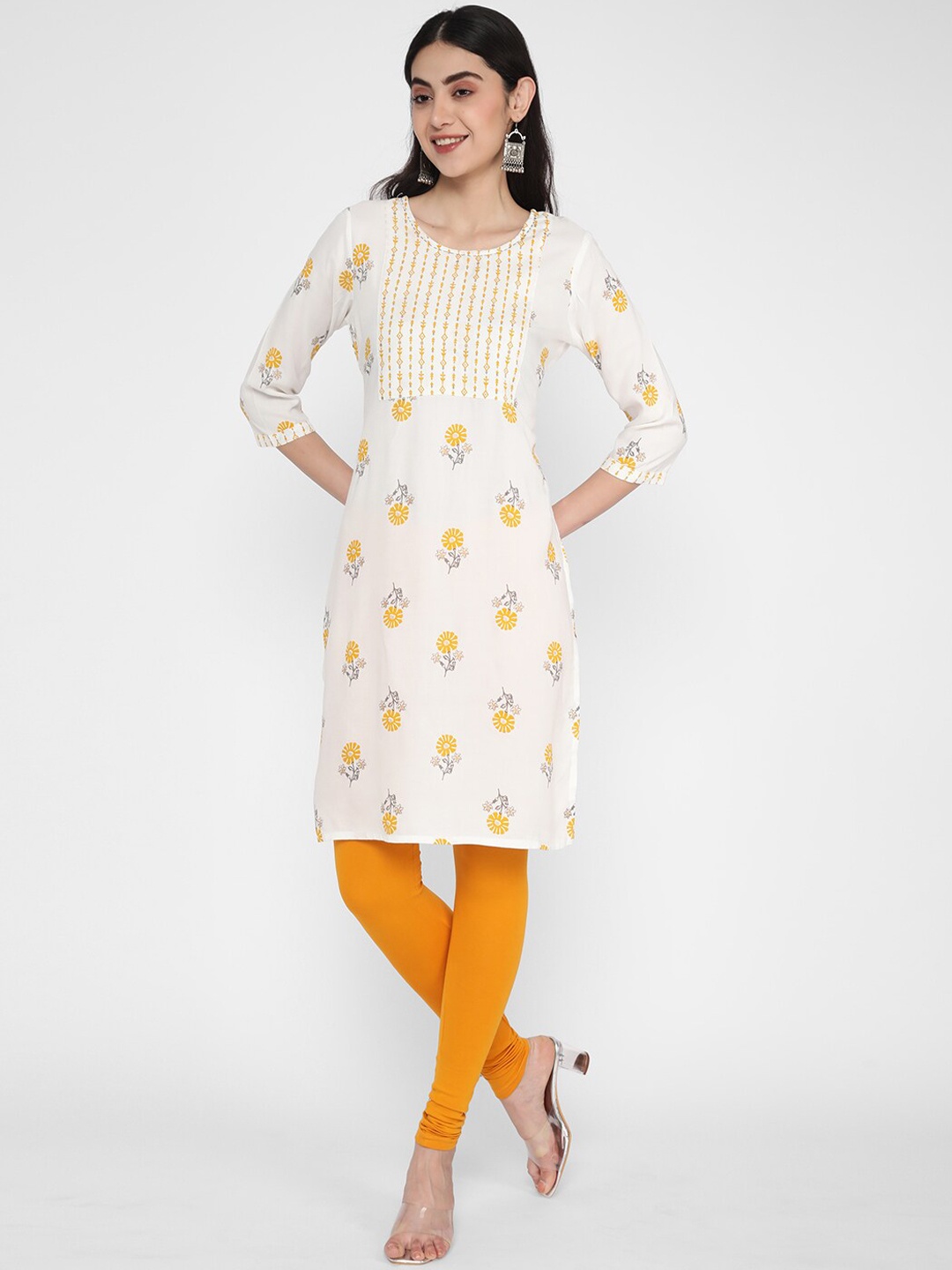 

R&B Floral Printed Round Neck Kurta, White