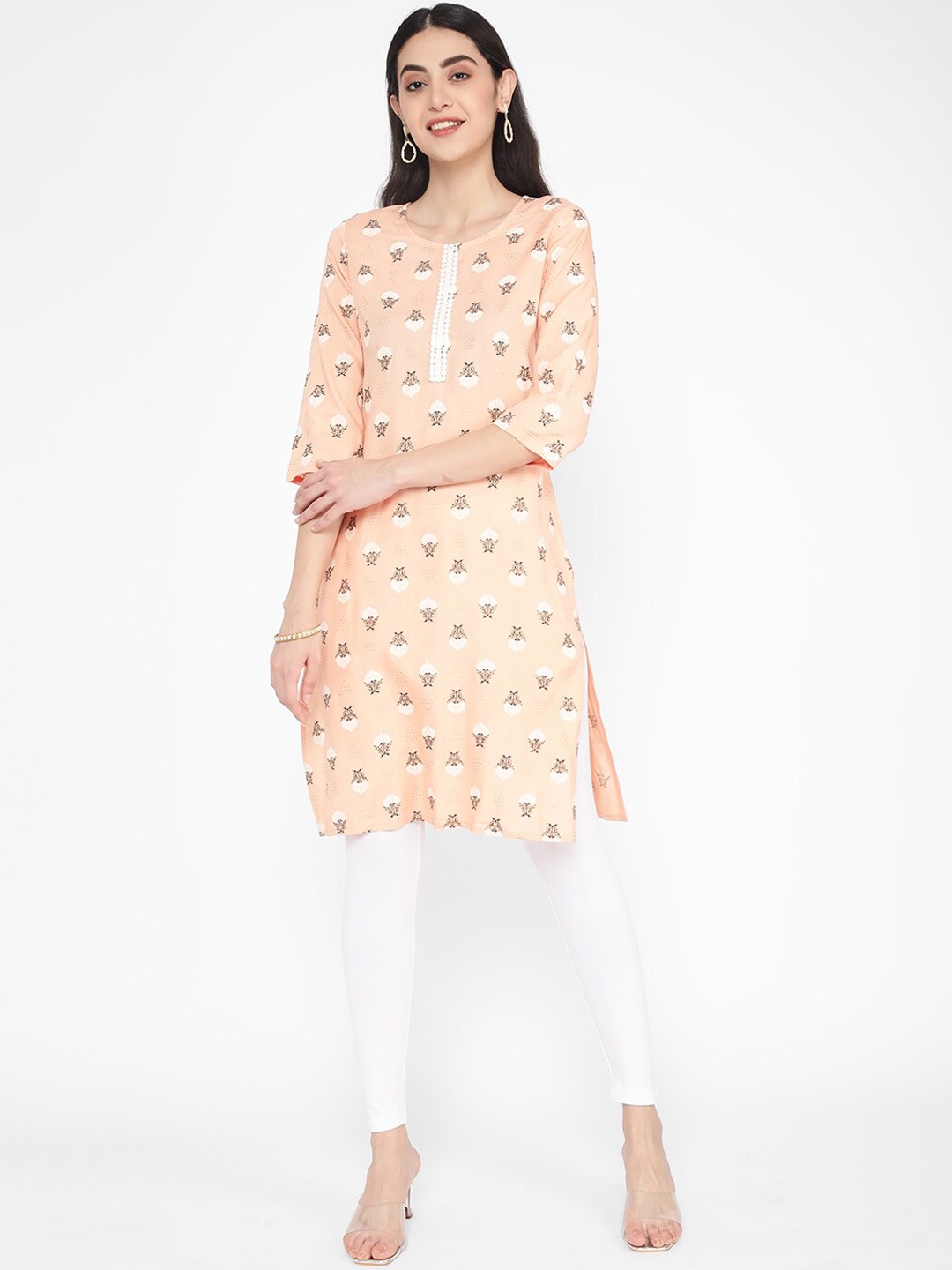 

R&B Floral Printed Straight Round Neck Kurta, Peach