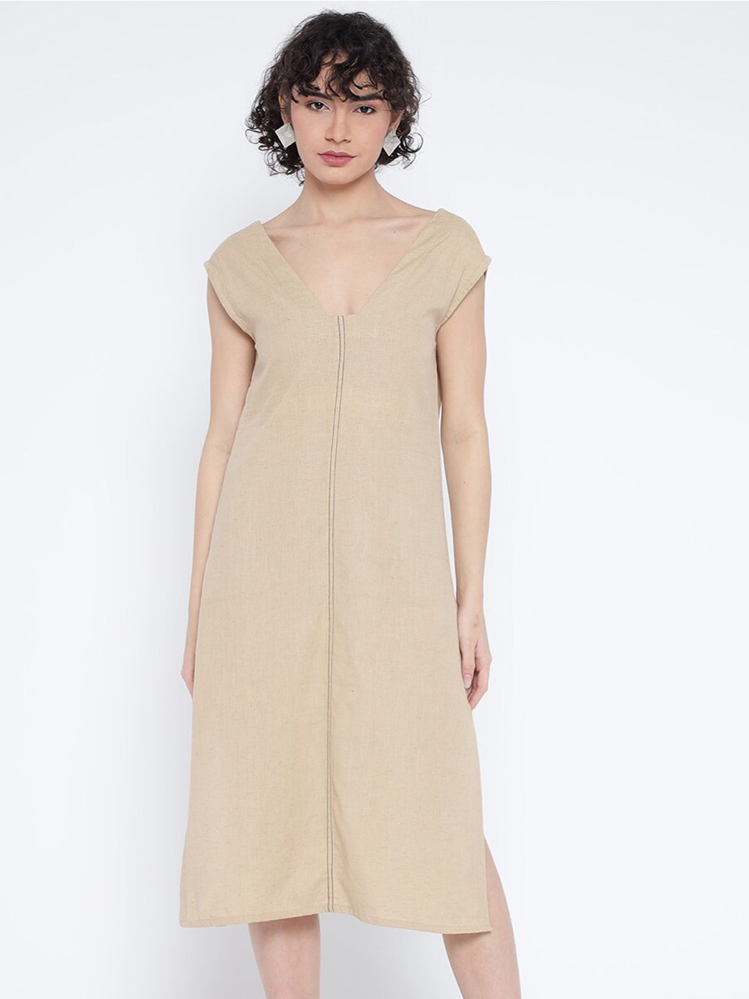 

Shurtz N Skurtz Cotton A-Line Midi Dress, Beige