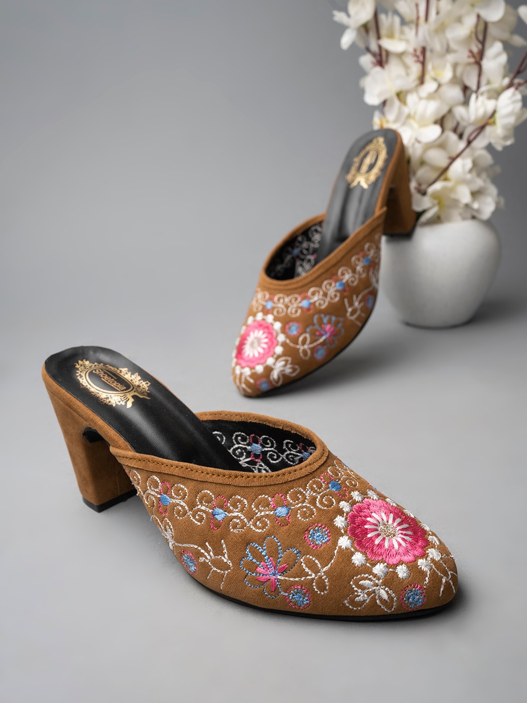 

Shoetopia Embroidered Block Heel Mules, Tan