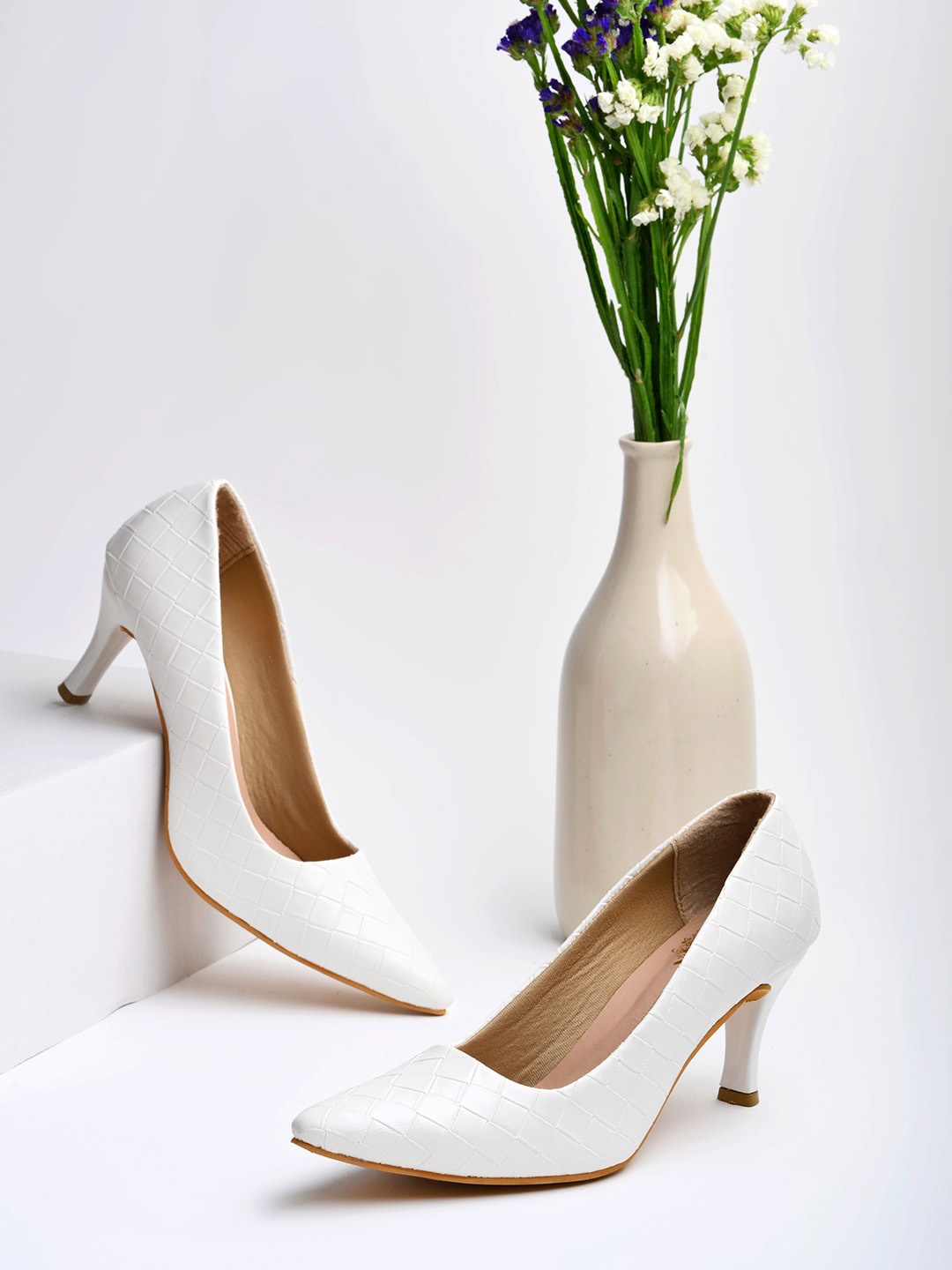 

Shoetopia Textured Kitten Heel Pumps, White
