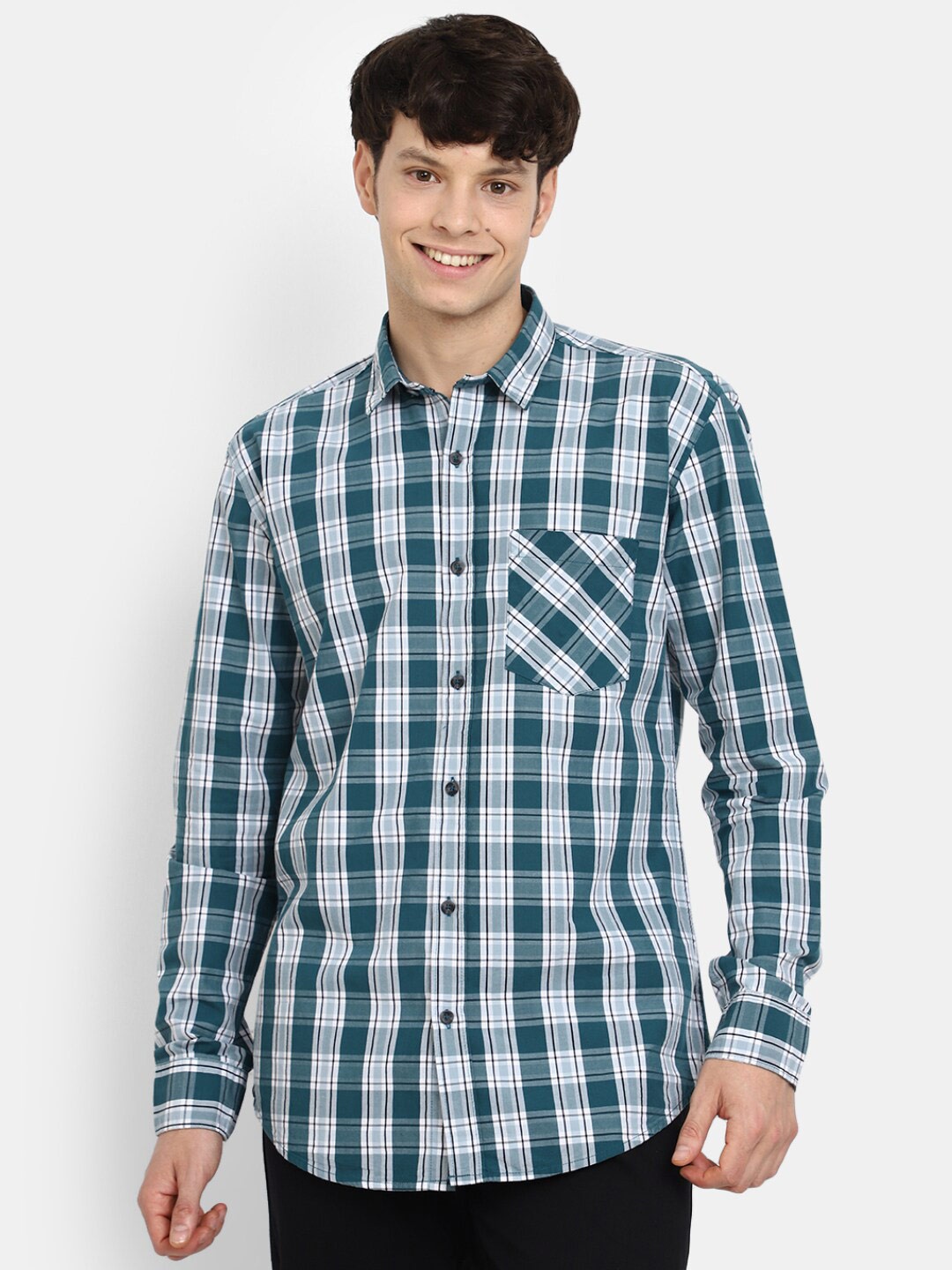 

V-Mart Classic Tartan Checked Spread Collar Cotton Shirt, Teal